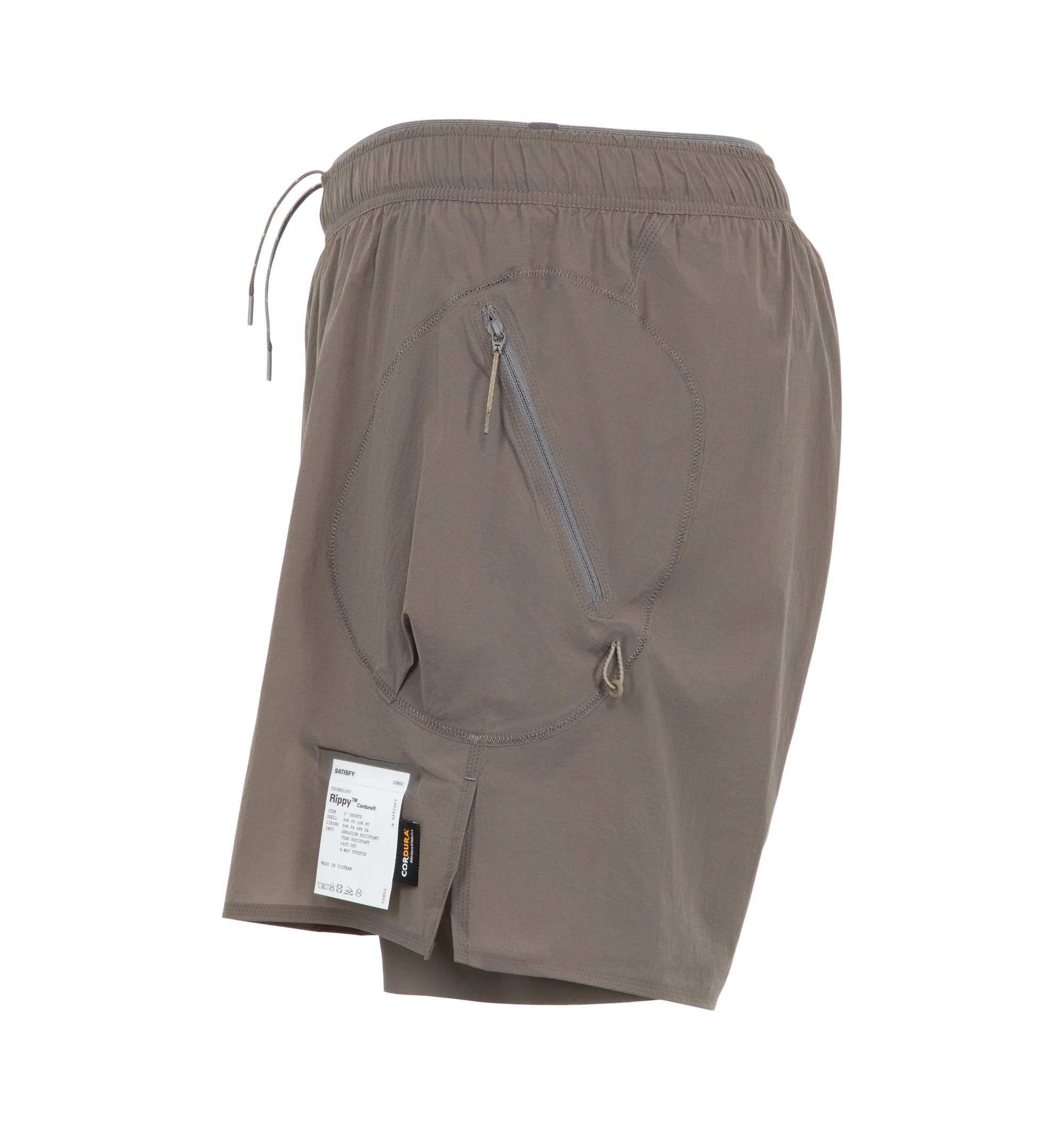 Image 3 of 3 - GREY - Satisfy Men's Rippy Cordura 5" Trail Shorts are crafted from durable Rippy Cordura fabric that features a 5-inch trail-running silhouette engineered for extended mileage and enhanced abrasion resistance. Designed with a TechSilk Drift liner for airflow, moisture management, and natural stretch. Functional details include two zippered side cargo pockets, a sweat-resistant hidden phone pocket, a double waistband with internal drawcords, a mini S-Carabiner, and stealth-reflective logo de 