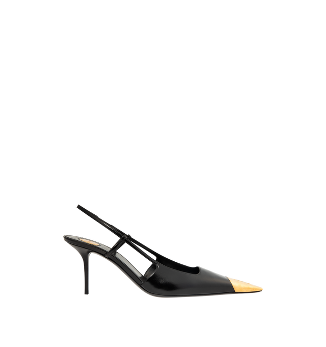 Image 1 of 4 - BLACK - Saint Laurent Jeanne slingback pumps in smooth leather slingback pumps with a square pointed metal cap toe decorated with a CASSANDRE martel, featuring a square-cut vamp, 7.5cm stiletto heel, elasticized slingback strap and leather sole.Calfskin, brass, lambskin. Made in Italy.