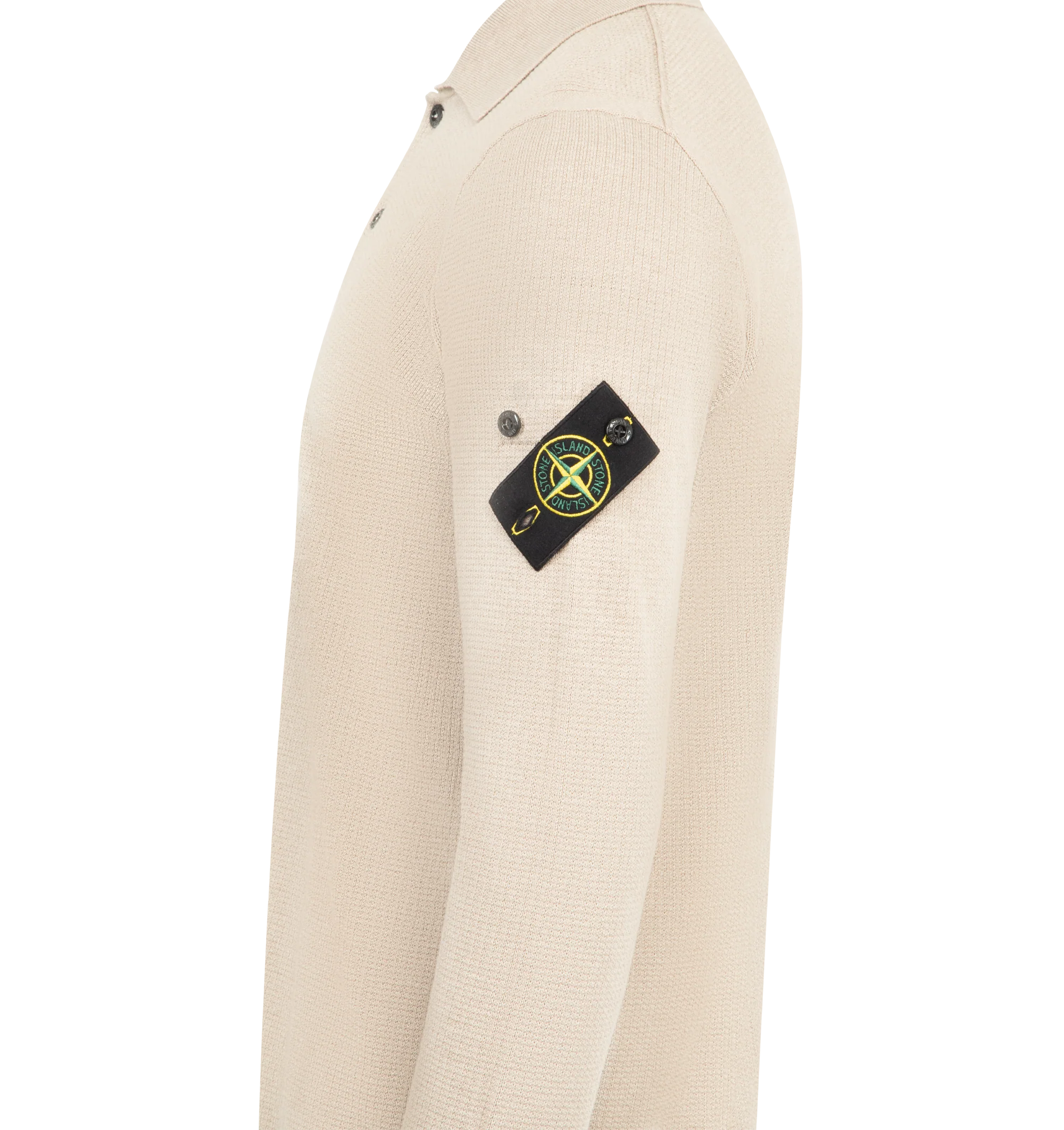 Image 3 of 3 - NEUTRAL - STONE ISLAND Polo featuring ribbed collar with two-button fastening, contrast-knit band around armholes, raised seam detail on back shoulders, raglan sleeves on back, Stone Island badge on left sleeve, ribbed cuffs and hem and loose fit. 100% cotton.