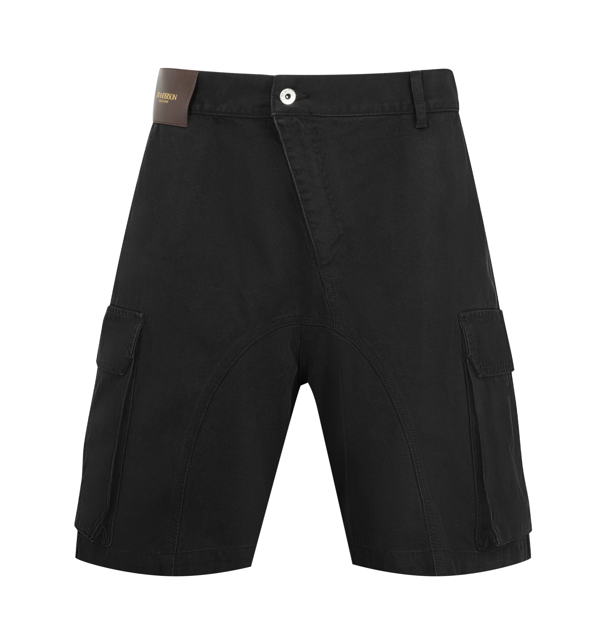 Image 1 of 3 - BLACK - JW Anderson Men's Twisted Patch Pocket Shorts featuring twisted patch pocket shorts, utilitarian detailing and logo embossed leather patch. 100% Cotton. Made in Japan.