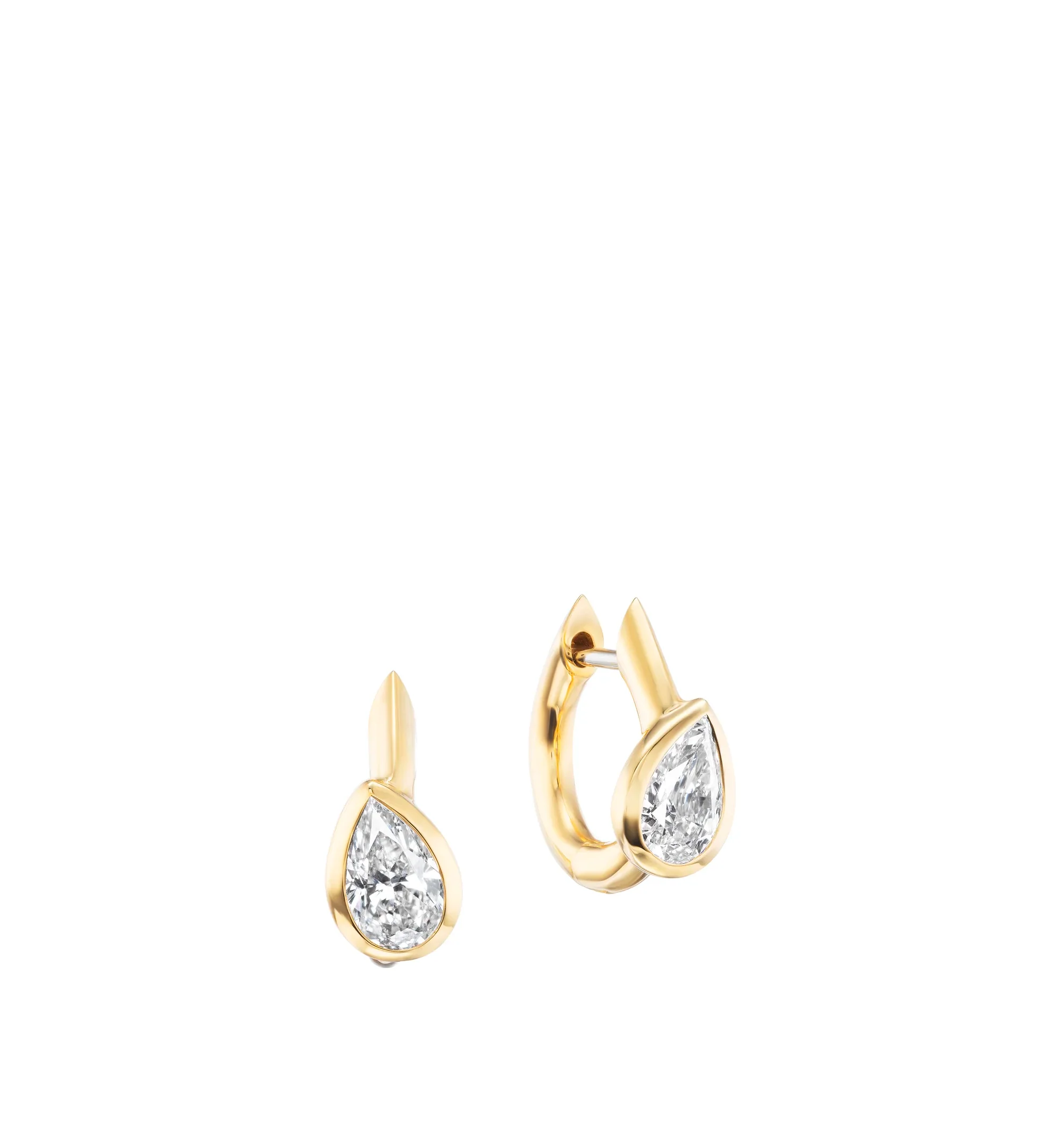 Image 1 of 1 - GOLD - UNIFORM OBJECT Stem Huggies featuring 5.2G of 18K yellow gold, 8mm huggies and 1.3 TCW pear cut diamonds.