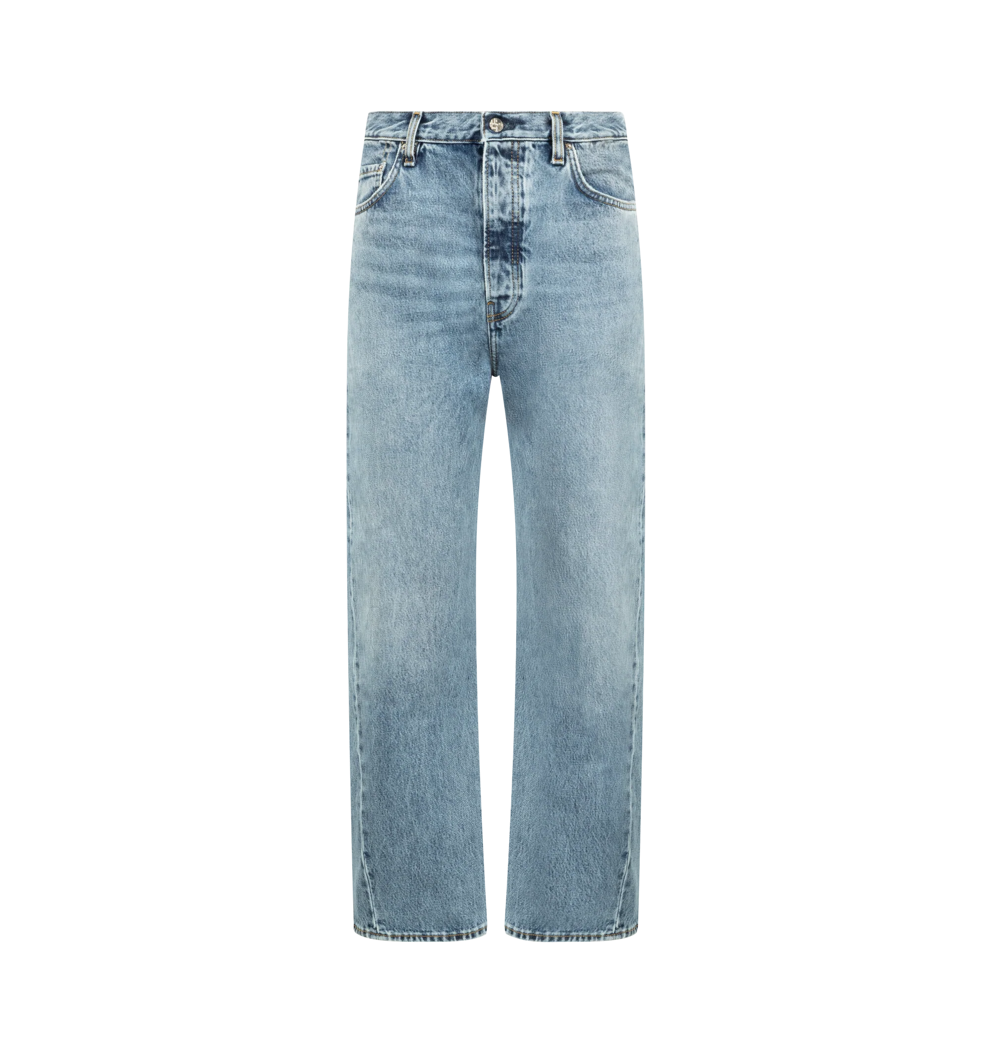 Image 1 of 3 - BLUE - TOTEME Twisted Seam Denim full length featuring relaxed fit, straight-leg, a dropped rise, constructed with directional side seams, button fly, silver-tone hardware, five pockets, belt loops, finished hem and leather patch. 100% organic cotton.