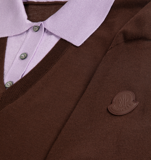 Image 2 of 2 - BROWN - MONCLER Layered Wool Polo Shirt featuring viscose blend collar and plaquette, gauge 18, short sleeves and leather logo patch. 100% virgin wool. 88% viscose/rayon, 12% polyester. Made in Romania.