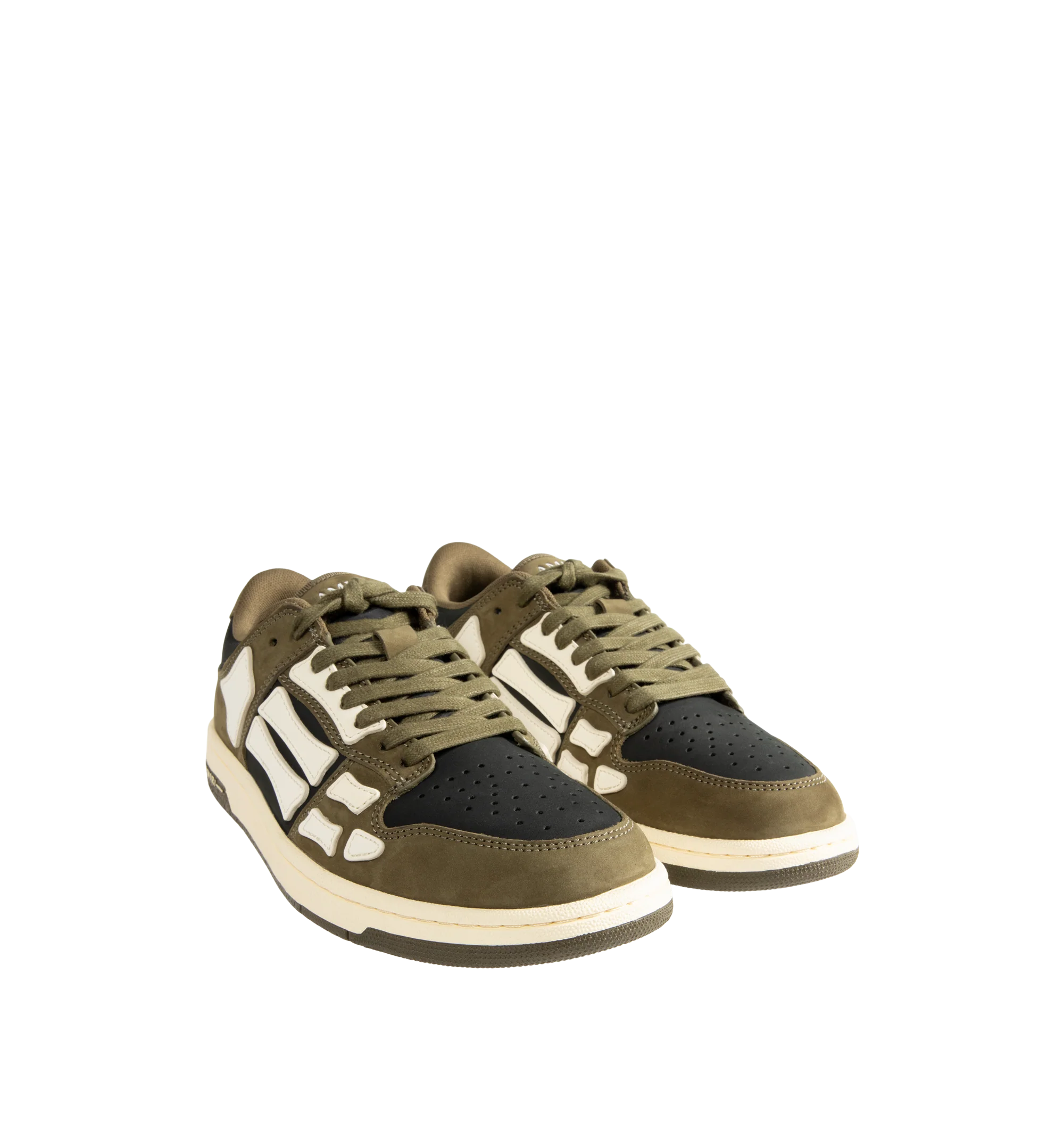 Image 2 of 5 - GREEN - Amiri Mens Skel Top Low Sneakers are crafted with a suede leather upper and signature pebbled leather bone appliqus. Feature contrast topstitching, lace-up closure, padded collar, two-tone rubber sole, and low-top silhouette. Main Material: Leather Upper; Sole: Rubber. Made in Vietnam.