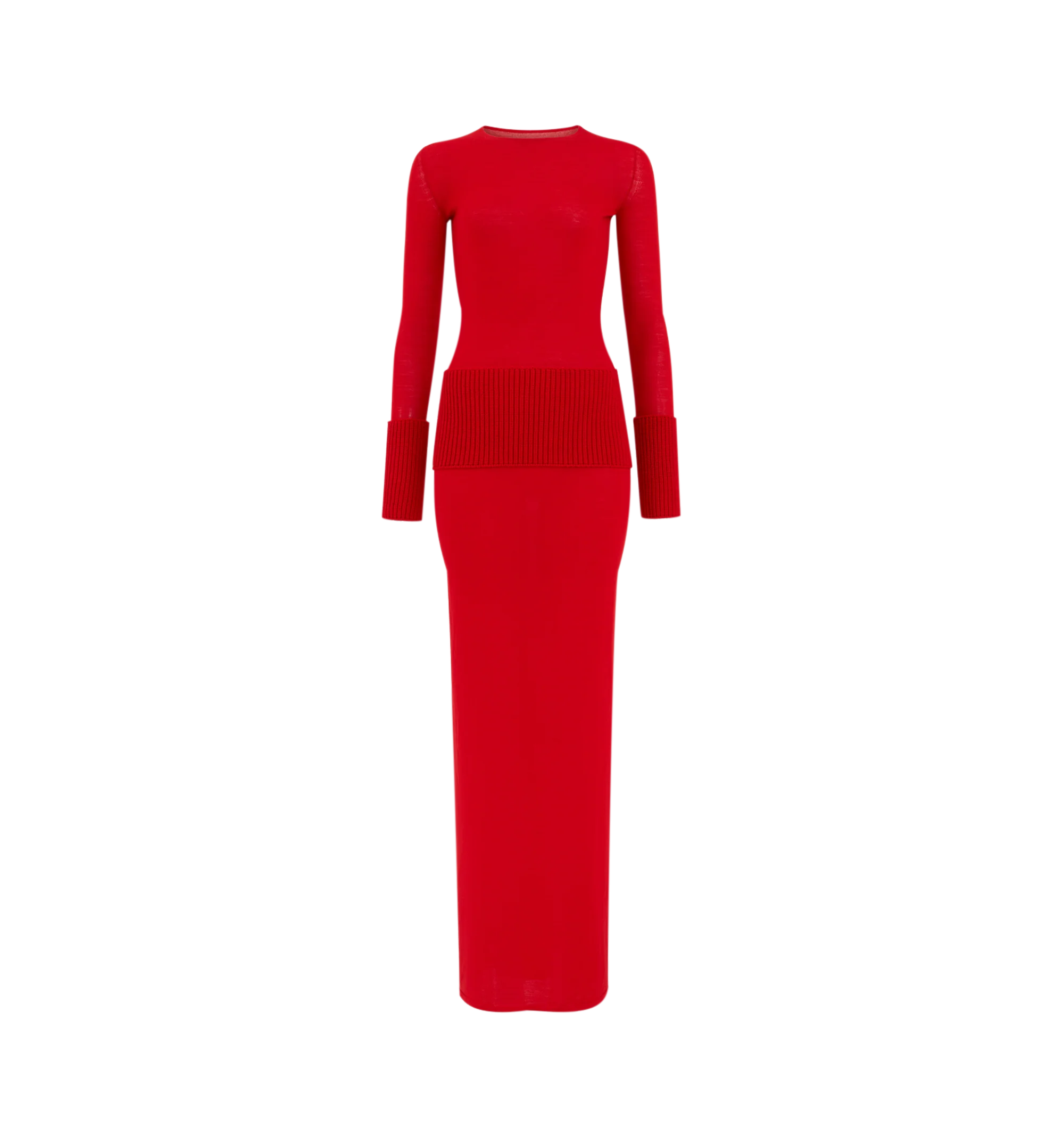 Image 1 of 1 - RED - Alaa Women's Merino Bodycon Dress is crafted from multi-gauge merino wool. The crew-neck design features long sleeves, ribbed hips and cuffs, and an ankle-length silhouette for a sleek bodycon fit. Main Material: 100% wool. Ribbing: 98% wool, 1% elastane, 1% polyamide. Made in Italy.