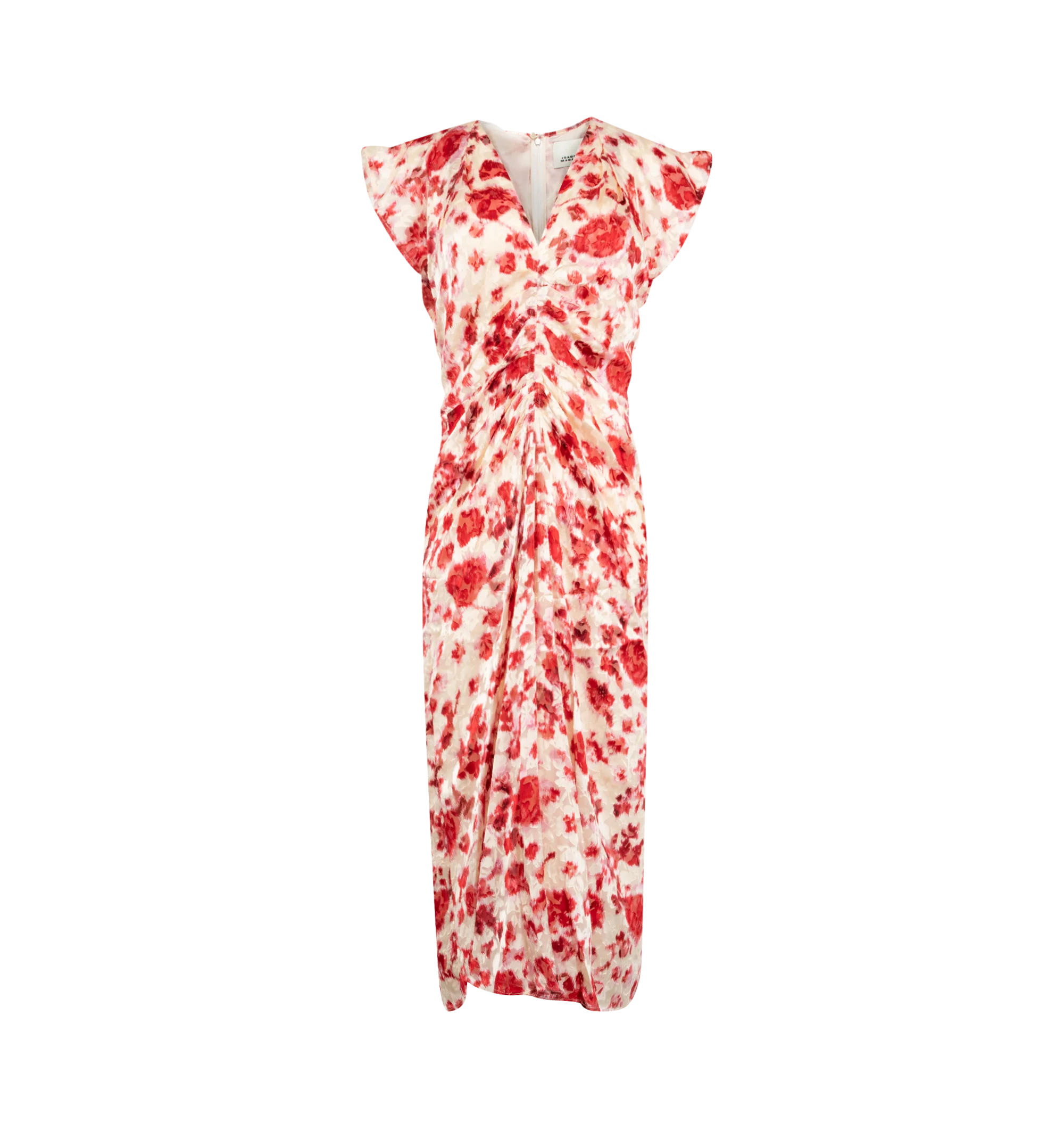 Image 1 of 2 - MULTI - Isabel Marant Womens Lyndsay Dress is crafted from printed devor silk georgette. Features a long fitted silhouette, V-neckline, gathered front, short ruffled sleeves, defined waist, concealed back zip closure, and all-over floral print. Main Material: 55% Viscose, 45% Silk. Made in India.