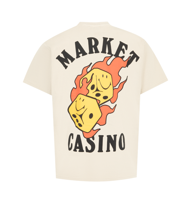 Image 2 of 2 - NEUTRAL - MARKET Flaming Dice Tee featuring short sleeves, relaxed everyday fit, ribbed crew neckline, small Market Casino chest graphic, oversized flaming dice back graphic, bold casino-inspired artwork and typography, soft cotton construction and straight hem. 100% cotton.