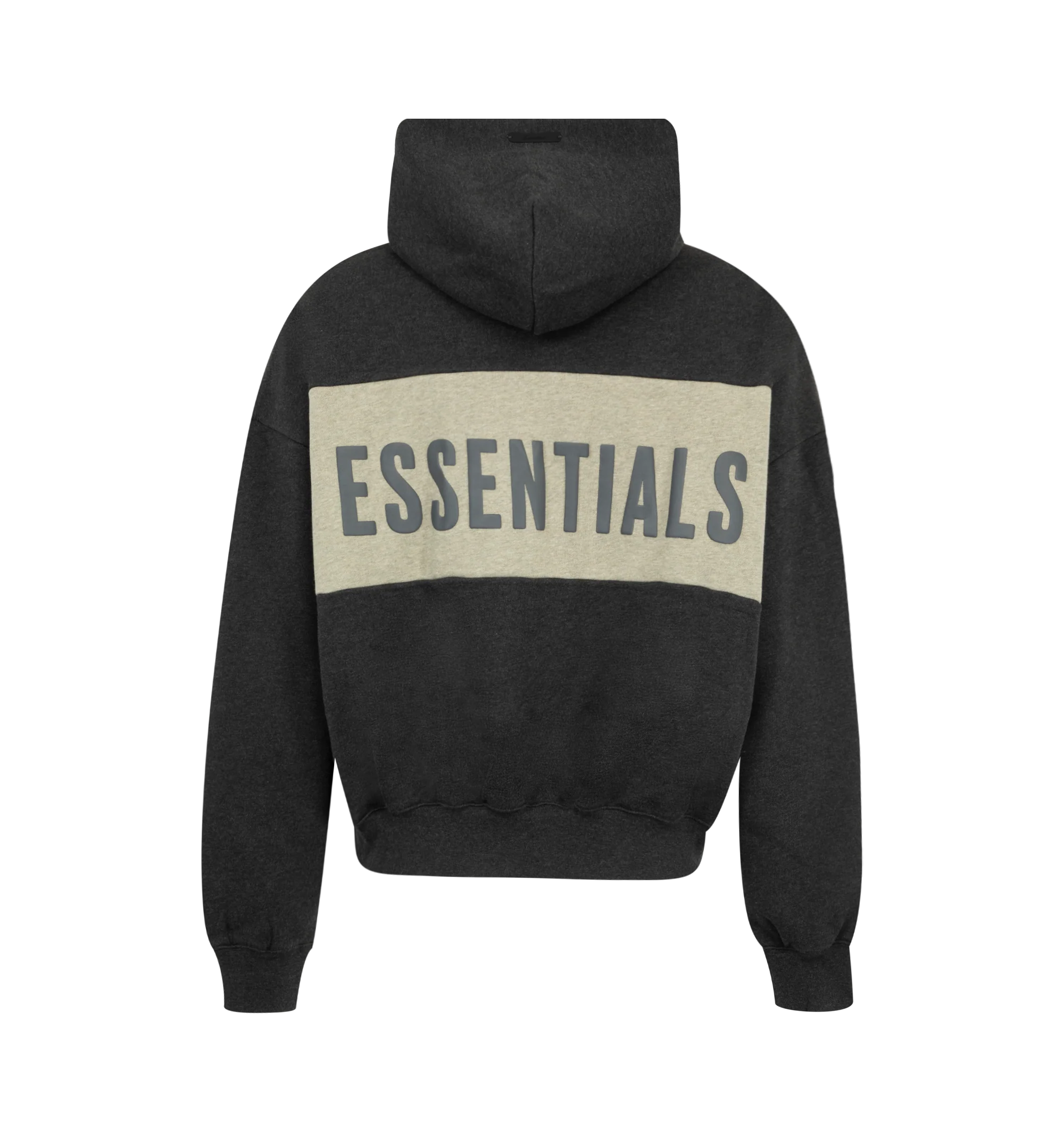 Image 2 of 3 - GREY - Fear of God Essentials Mens Cropped Relaxed Paneled Hoodie is crafted from heavyweight 380 GSM cotton-blend core fleece. Features a relaxed cropped fit, paneled construction, hood, side pockets, ribbed cuffs and hem, puff-printed Fear of God graphic at the front, puff-printed Essentials graphic at the back, and an Essentials signature label on the hood. Main Material: 80% Cotton, 20% Polyester.