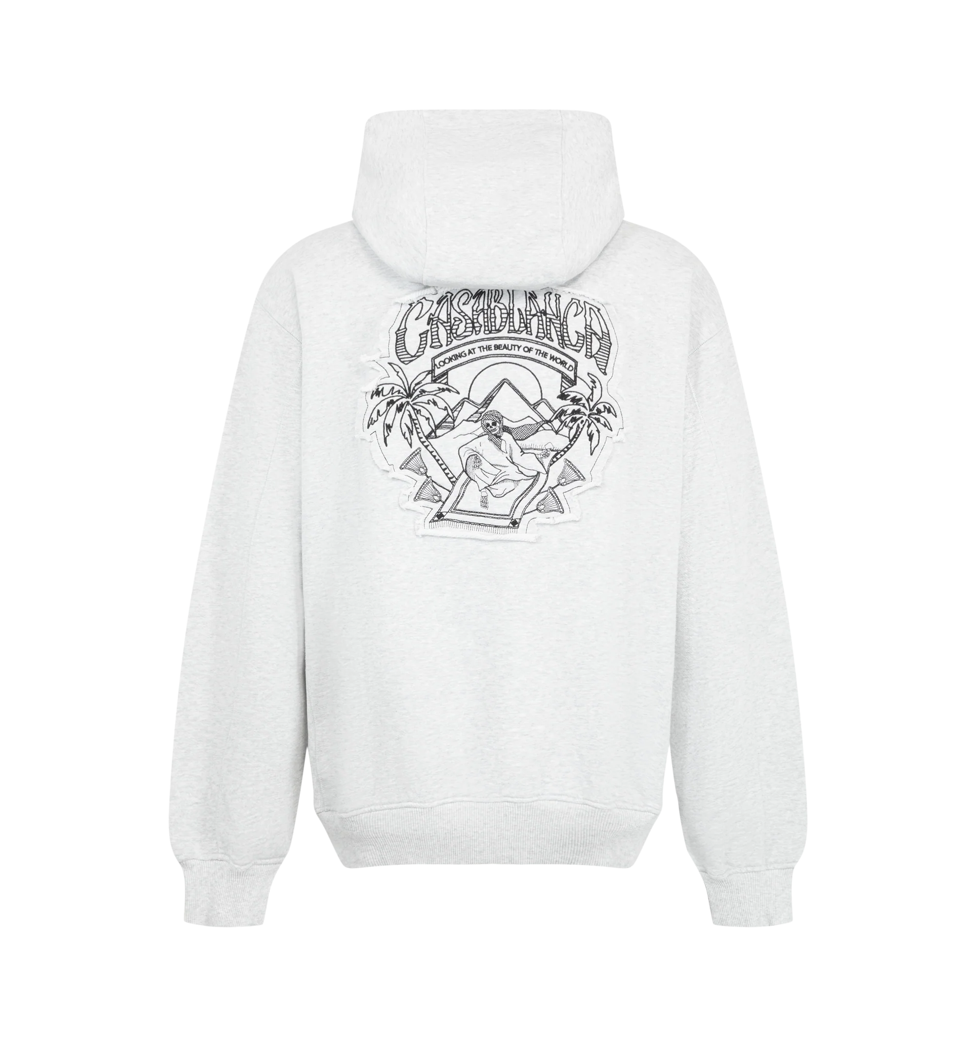 Image 2 of 2 - GREY - Casablanca Men's Graphic Applique Classic Hoodie is crafted from cotton and features a graphic applique design that showcases the house's distinctive visual language. Designed in a classic hoodie silhouette, it is finished with an adjustable drawstring hood, long sleeves, ribbed cuffs and hem, and a kangaroo pocket. Main Material: Cotton.