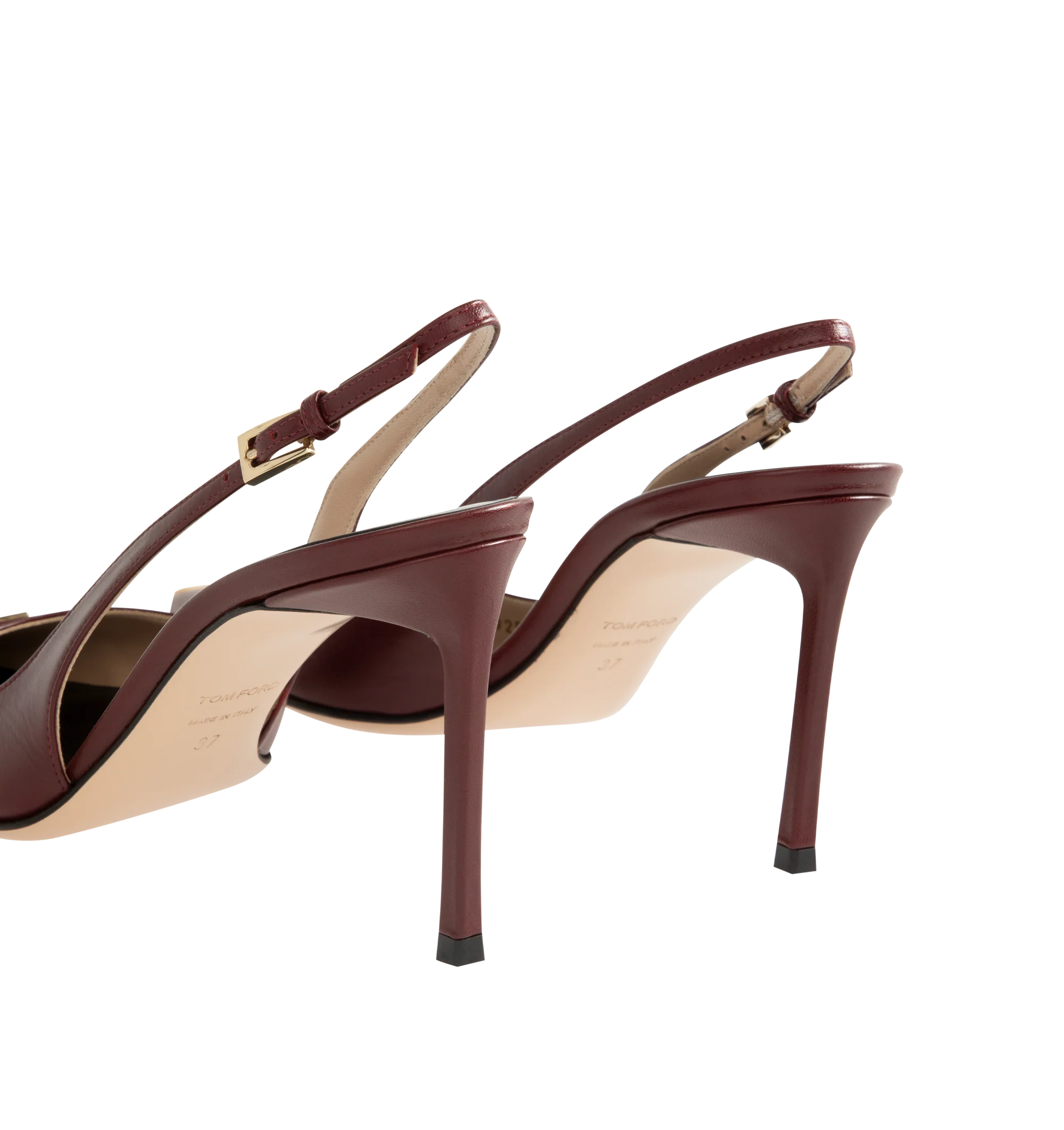 Image 3 of 4 - RED - Tom Ford Womens Thea Slingback Pumps are crafted from shiny goatskin leather. Feature an elongated pointed toe with signature pale gold-tone T metal detail, adjustable slingback strap, stiletto heel, and leather sole. Heel Height: 10.5 cm. Main Material: 100% Goatskin Leather; Sole: Leather. Made in Italy.