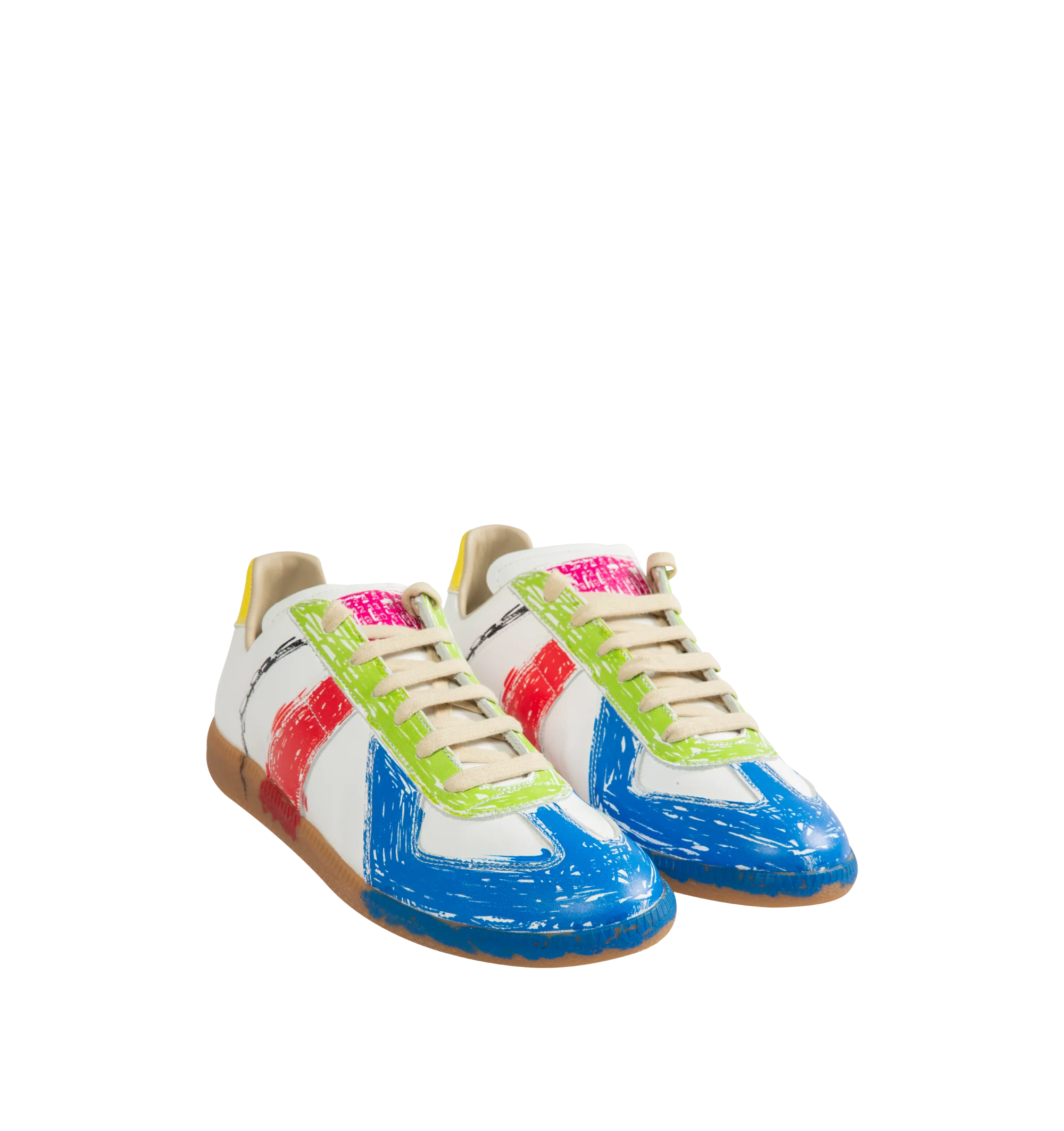Image 2 of 5 - MULTI - Maison Margiela Men's High Quality Luxury Paint-Splatter Sneakers are crafted from calf leather and feature a paint-splatter effect. Designed with a round toe and lace-up fastening, they are finished with a logo-print tongue, the signature single-stitch detail at the rear, and a flat gum-rubber sole. Main Material: 100% Calf Leather. Lining: 100% Calf Leather. Sole: 100% Rubber. Made in Italy.