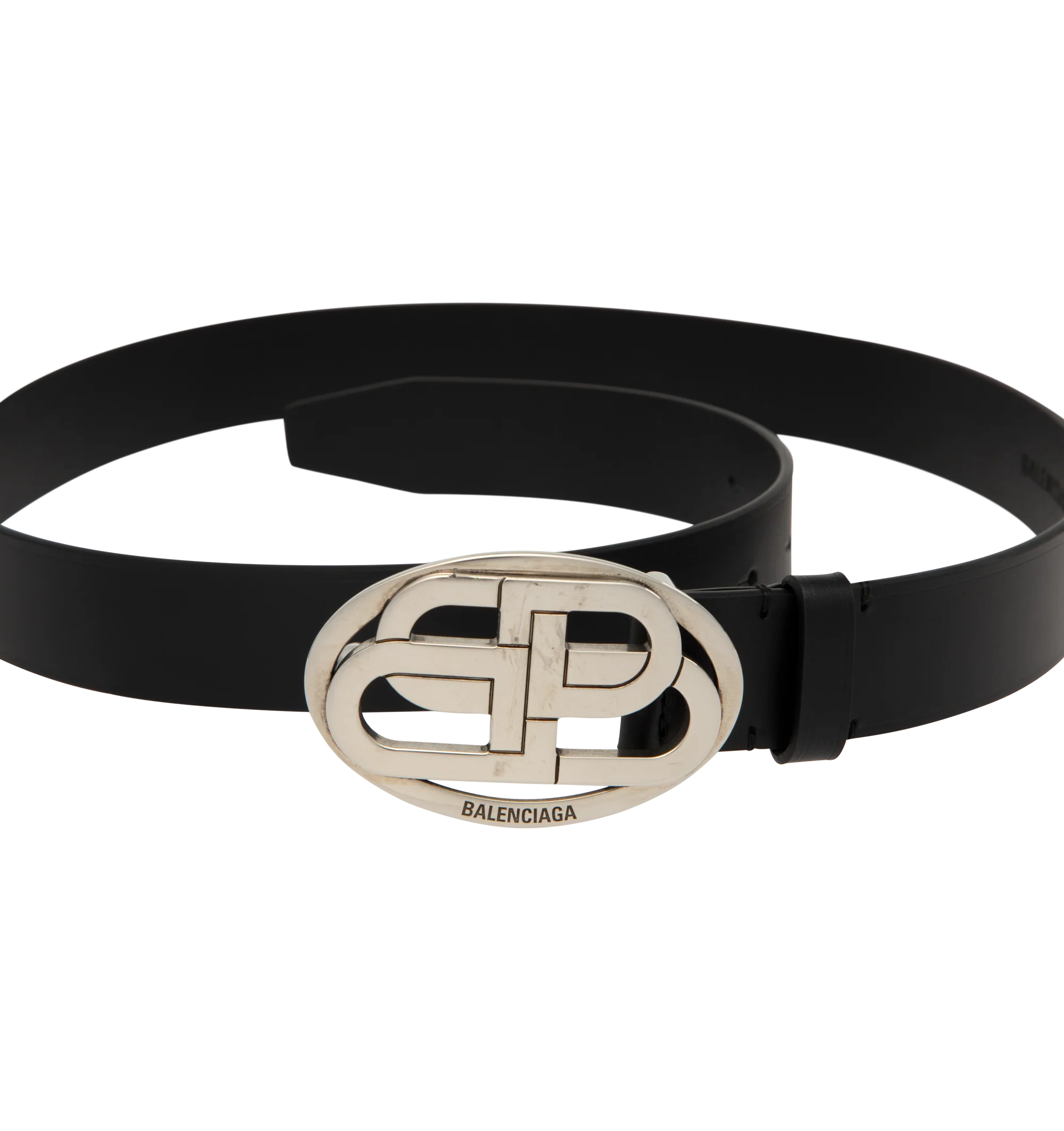 Image 2 of 2 - BLACK - Balenciaga Belt is crafted from natural calfskin leather. Features an aged-silver interlocked BB logo buckle, engraved Balenciaga logo, five adjustment holes, and a tonal leather keeper loop. Main Material: 100% Calf Leather. Made in Italy.