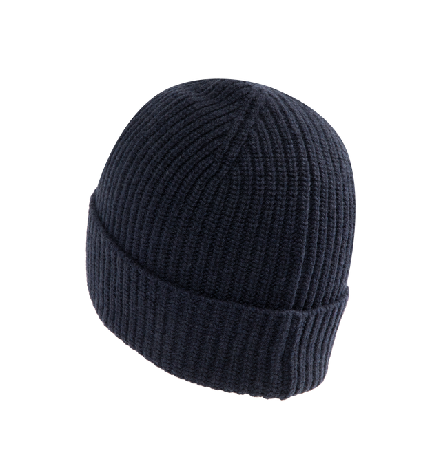 Image 2 of 2 - NAVY - AMIRI MA Embroidered Wool Rib Beanie Hat featuring iconic MA monogram embroidered in a contrasting colorway and foldover brim. Virgin wool. Made in Italy.