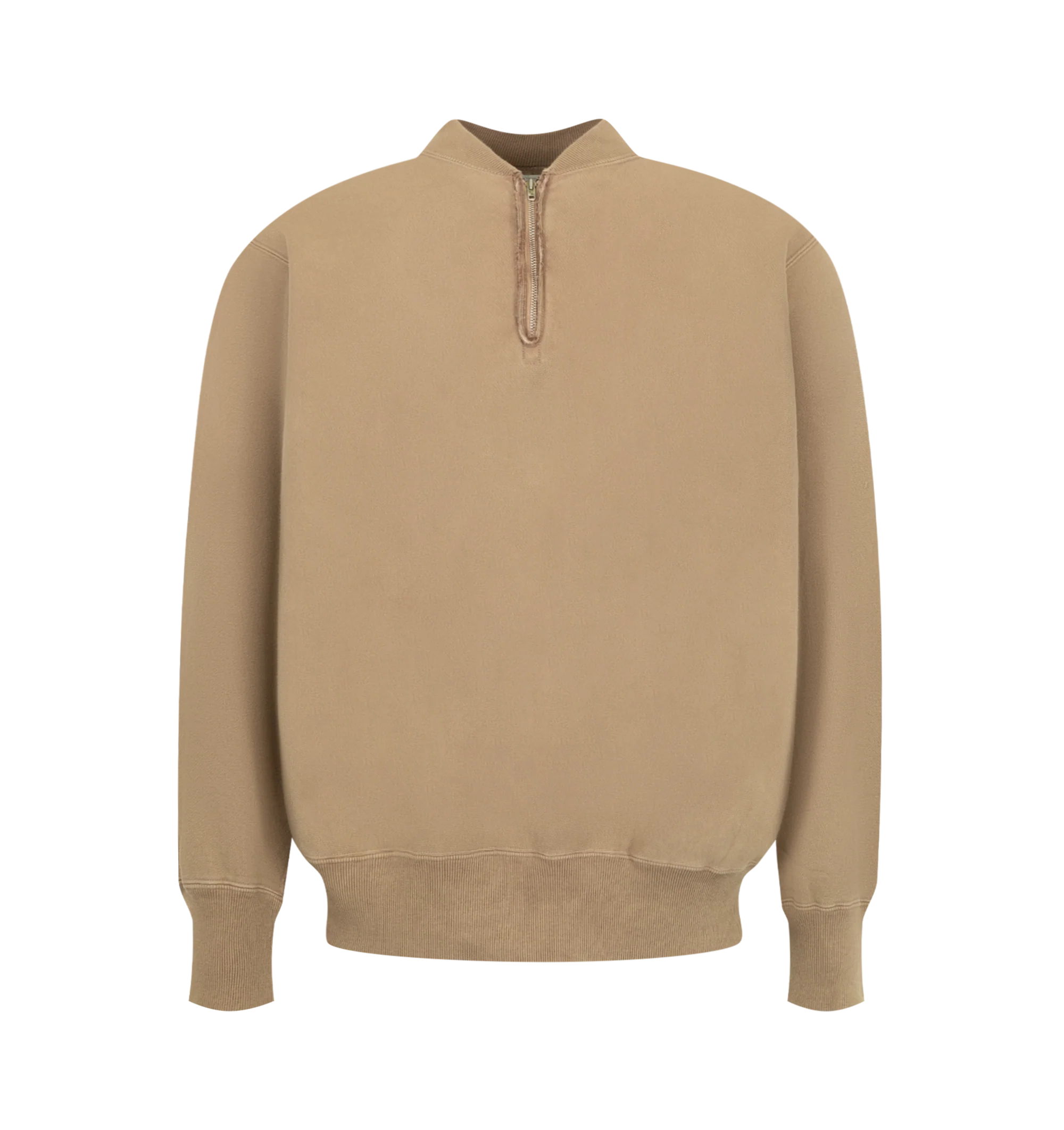 Image 1 of 2 - BROWN - A.Presse Men's Vintage Half Zip Rib Collar Sweatshirt is crafted from 100% cotton brushed-back fleece and features a vintage-inspired half-zip silhouette with a ribbed collar. Designed to faithfully reproduce original vintage sweatshirt details, it is cut with a cropped length, balanced volume, and sleeves that are neither overly wide nor restrictive. The seamless shoulder construction enhances comfort and ease of layering, while an Asahi zipper completes the design. Skilled hand-fini