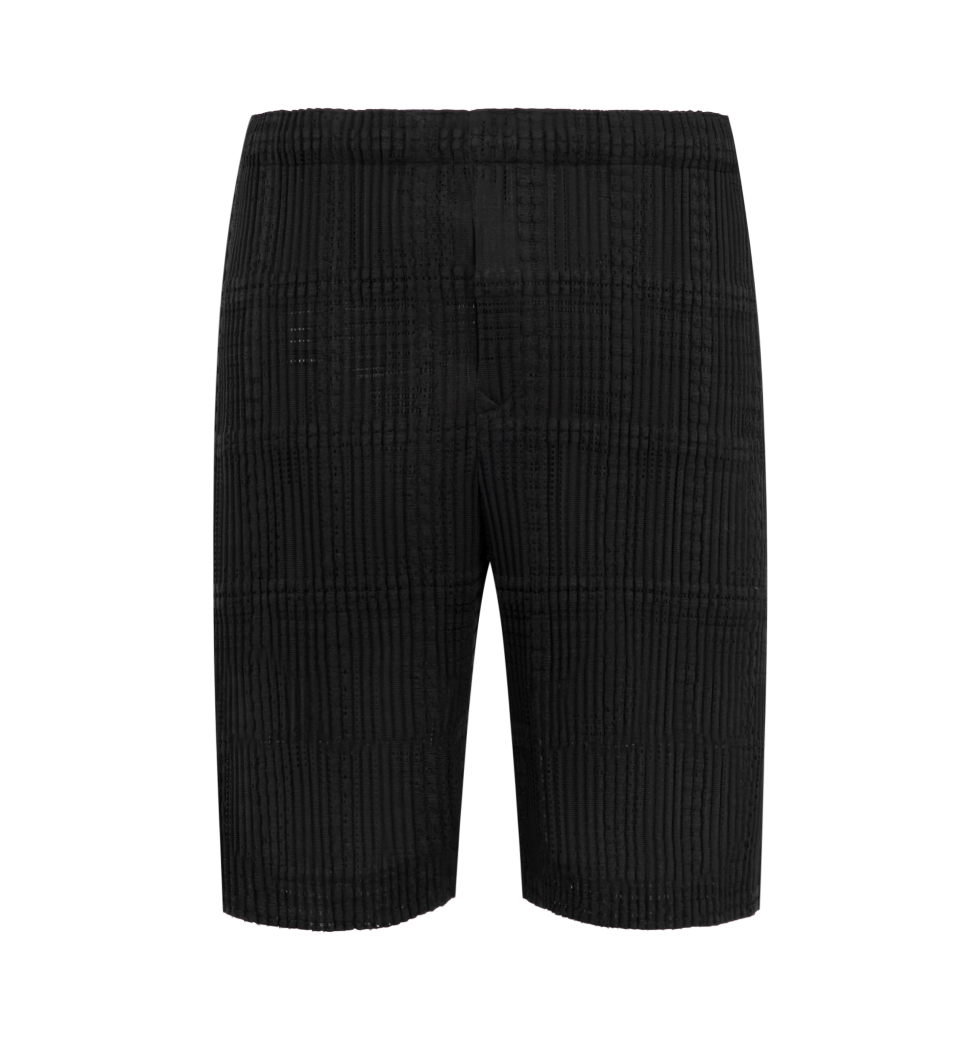 Image 1 of 3 - BLACK - Issey Miyake Men's Lace Grid Pleats Pants are crafted from a lightweight polyester and cotton blend and feature the house's signature pleated construction with a distinctive grid-inspired texture. Designed with an elasticated drawstring waistband for an adjustable fit, these designer pants are finished with a button-fly front and functional side pockets, combining innovative textile design with everyday comfort. Main Material: 75% Polyester, 25% Cotton. Waist: Elasticated with Drawstr