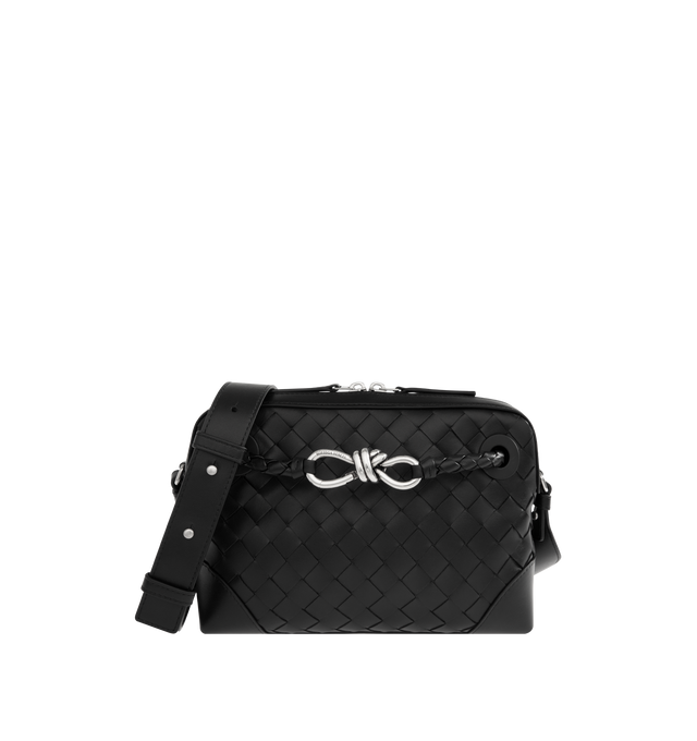 Image 1 of 3 - BLACK - BOTTEGA VENETA Intrecciato Messenger Bag featuring intrecciato leather small messenger with adjustable cross-body strap, zip closure and back exterior pocket. Calfskin. Lining: canvas. Made in Italy.