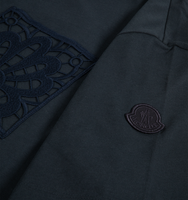 Image 2 of 2 - NAVY - MONCLER Macram T-Shirt featuring cotton jersey, Macram accents, ribbed crew neck and short sleeves. 100% cotton.