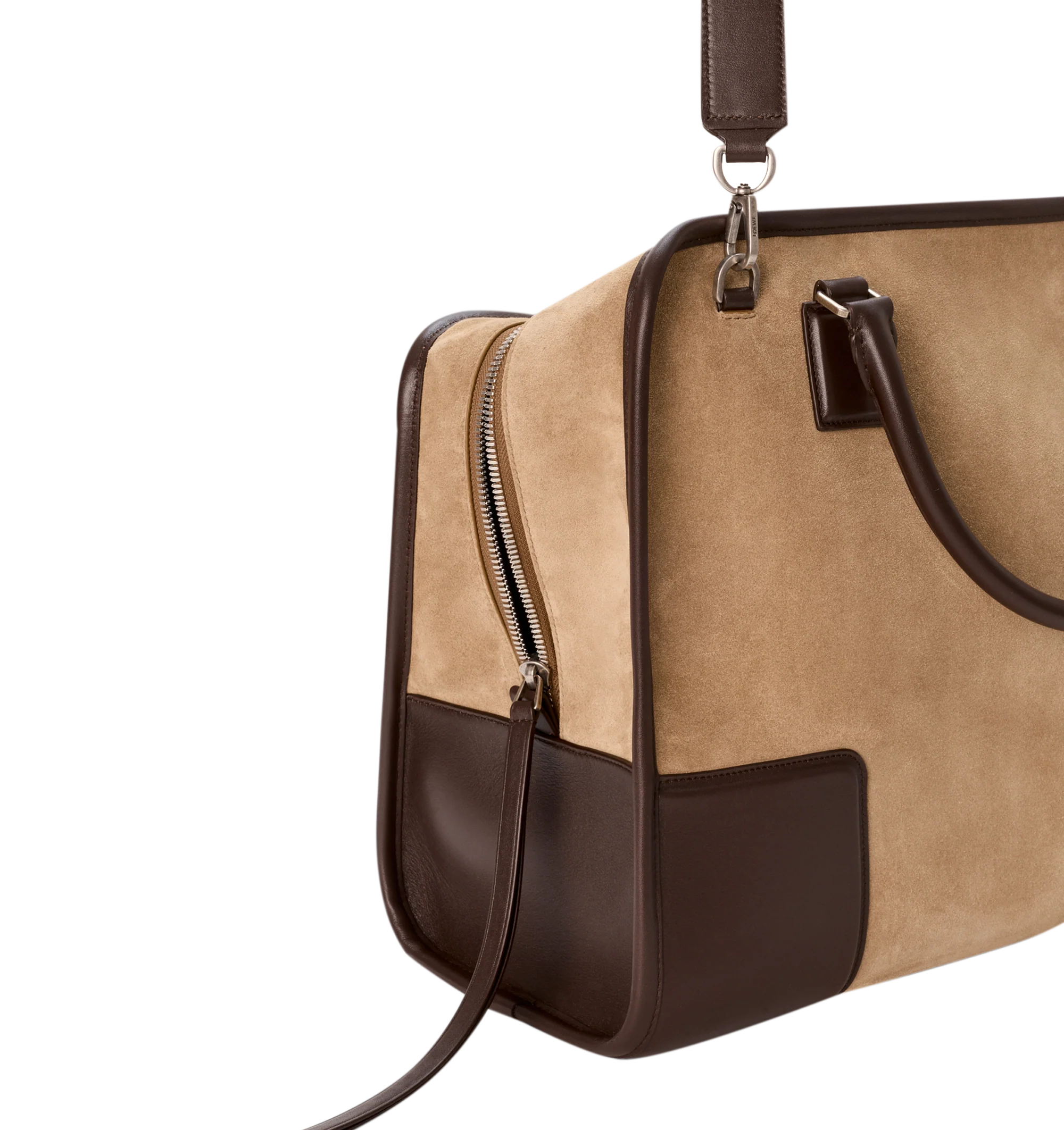Image 14 of 16 - BROWN - Loewe Mens Amazona 180 XL Bag is crafted from suede with soft calfskin details. Features a relaxed silhouette, single toron top handle, removable shoulder handle, adjustable crossbody strap, zip closure with two leather pullers, two compartments with concealed magnetic closure, interior flat pocket, side D-ring, suede and nappa lambskin lining, palladium-tone hardware, and embossed LOEWE and Double L branding. Dimensions: 40 31 16 cm; Strap Length: 105133 cm; Strap Drop: 4761 cm;