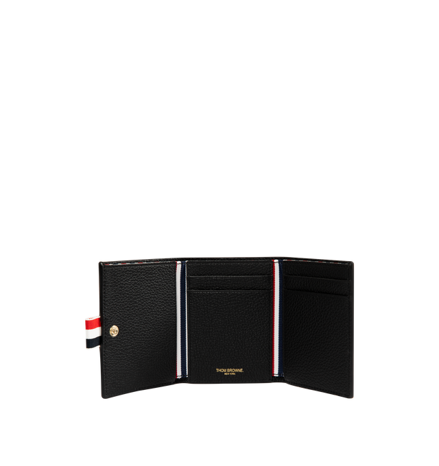 Image 3 of 3 - BLACK - THOM BROWNE Soft Pebble Grain Trifold Wallet featuring tricolor grosgrain flag at face, press-stud closure, four card slots, three patch pockets, one note slot, embossed logo at interior and Moir and tricolor grosgrain lining. H3.5" x W4.25". Leather. Made in Italy.