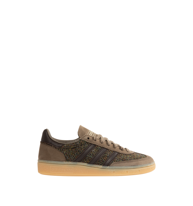 Image 1 of 5 - BROWN - ADIDAS Handball Spezial Sneaker featuring regular fit, laces, textile upper, leather lining, rubber outsole, Cold Cement construction, 3-Stripe branding, Harris Tweed textile and nubuck overlays.