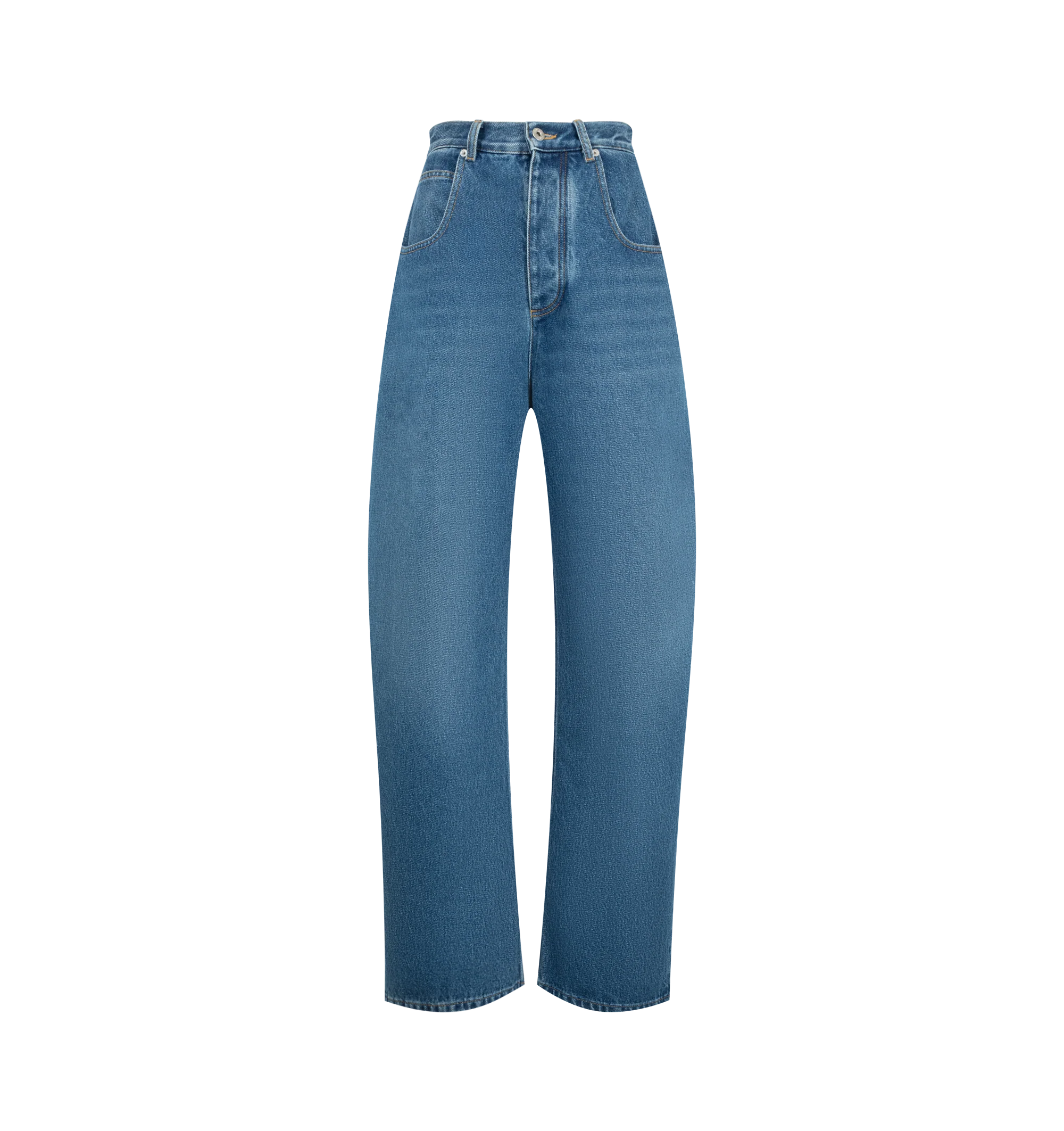 Image 1 of 3 - BLUE - Bottega Veneta Women's Medium Indigo Wide Leg Jeans are crafted from medium indigo washed denim and feature a high-rise waist with a wide-leg silhouette. Main Material: 100% Cotton. Rise: High Waist. Leg: Wide Leg. Closure: Button Closure. Made in Italy.