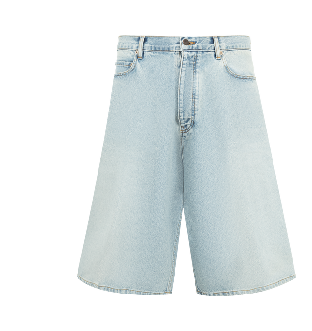 Image 1 of 3 - BLUE - BALENCIAGA Stay Press Shorts featuring cotton denim, mid-rise waist shorts, worn-out details, covered zip fly, belt loops and five-pocket design. 100% cotton. Made in Japan.
