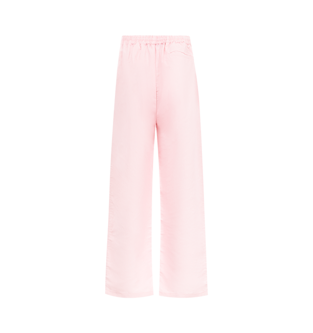 Image 2 of 3 - PINK - WILLY CHAVARRIA Ruff Rider Track Pant featuring a loose fit, an elastic waistband with a hidden drawstring, embroidered script logo on the left and side slit pockets. 50% cotton, 50% linen.