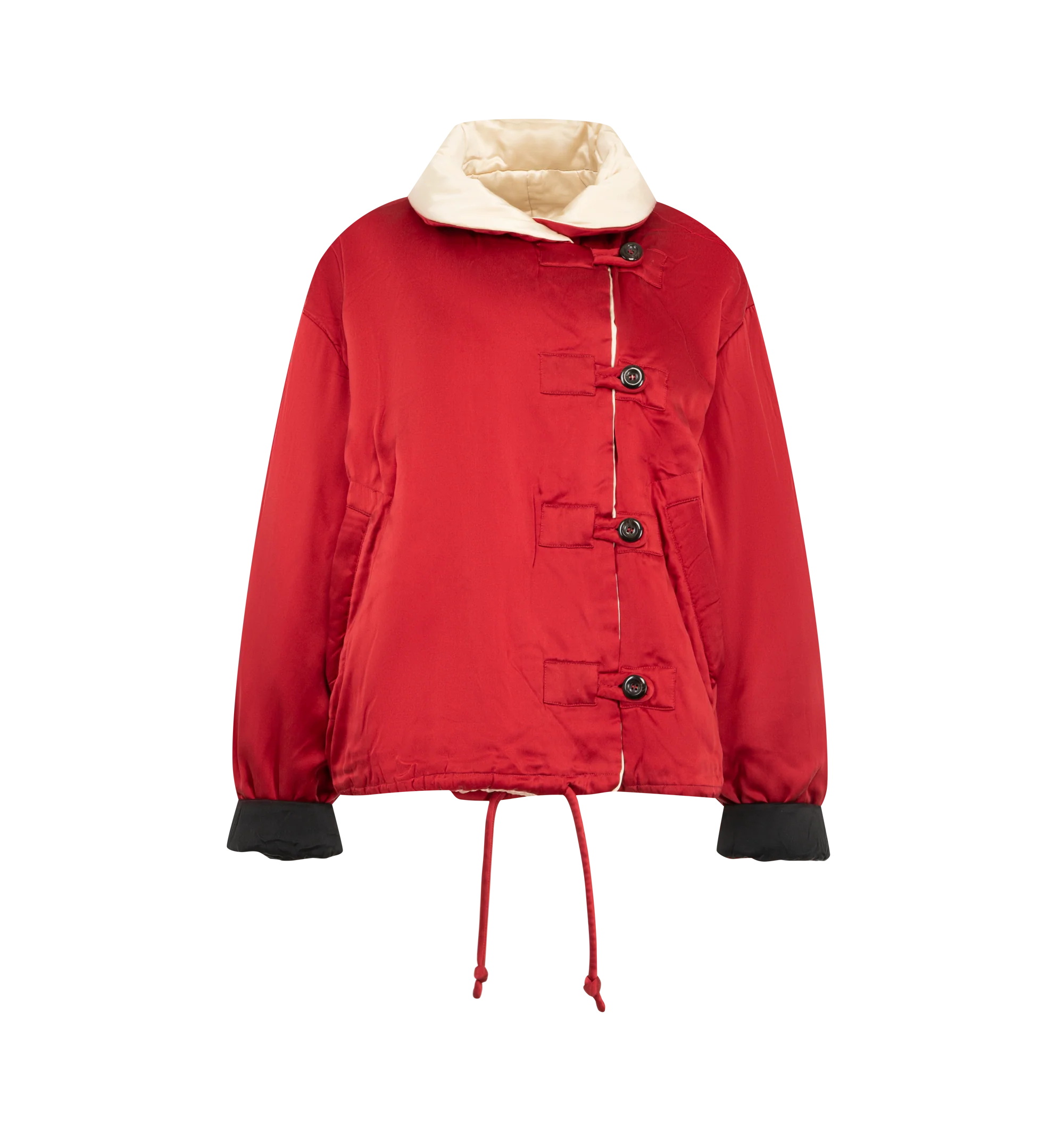 Image 2 of 4 - MULTI - Isabel Marant Bleza Silk Coat is crafted from luxurious 100% silk satin and designed with a reversible quilted construction that offers two distinct looks in champagne and red. Featuring an enveloping oversized fit, a dramatic contrasting shawl collar, and voluminous sleeves. 