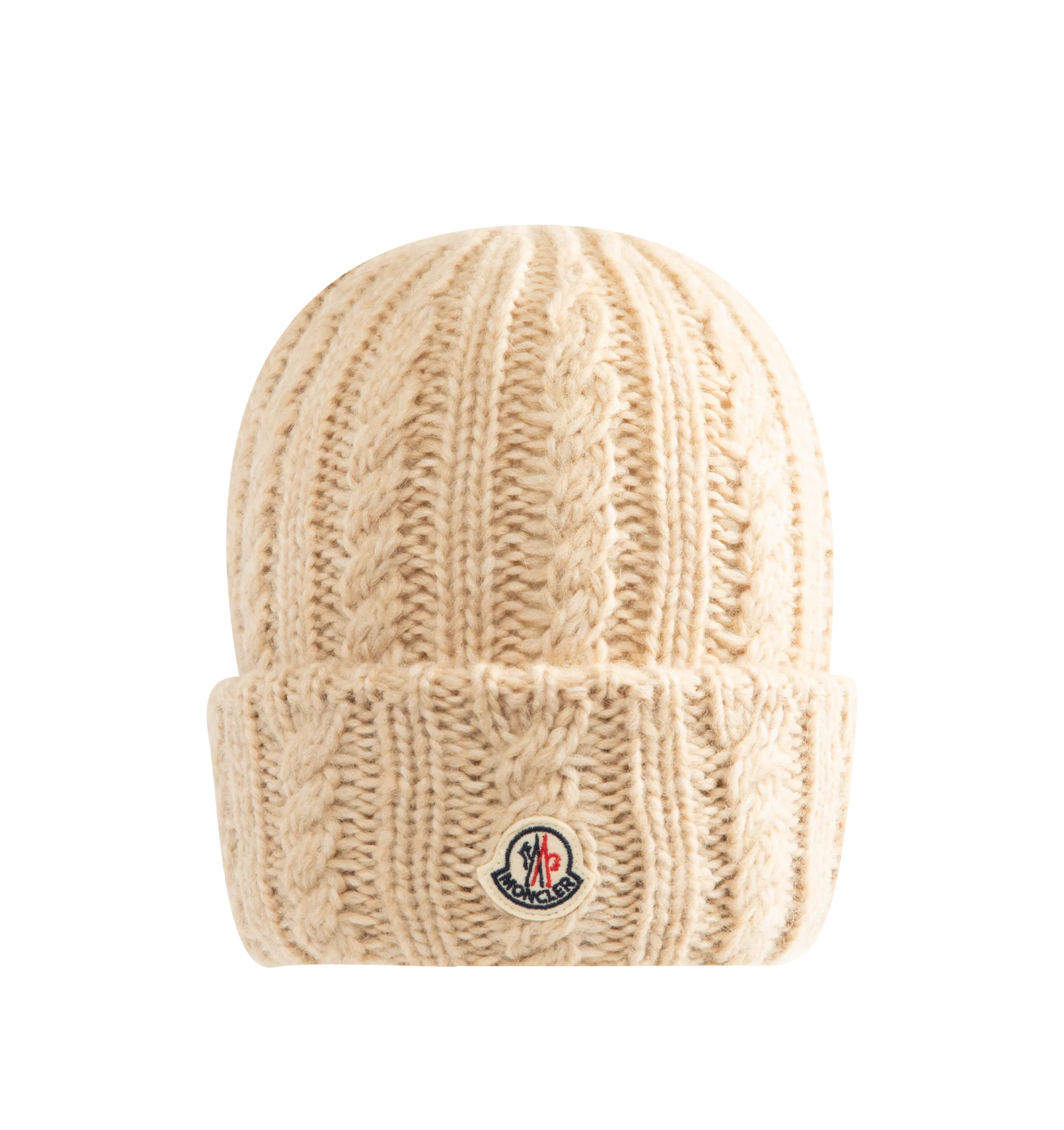 Image 1 of 2 - NEUTRAL - Moncler Women's Cable Knit Wool Blend Beanie is crafted from a wool, nylon, and alpaca blend and features a textured cable-knit construction with ribbed-knit detailing. Designed as a timeless cold-weather accessory, the beanie is finished with the signature Moncler logo patch at the front. Main Material: 43% Alpaca, 36% Polyamide, 21% Wool. Cable-Knit and Ribbed-Knit Construction. Logo Patch. Made in Italy.