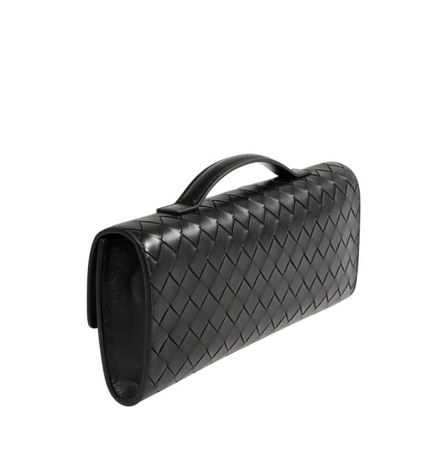 Image 2 of 3 - BLACK - BOTTEGA VENETA Andiamo Clutch featuring top handle, intrecciato leather with signature metallic knot closure, six card slots and one additional pocket. 5.1" x 12.2" x 1.2. Lambskin, calfskin. Made in Italy.