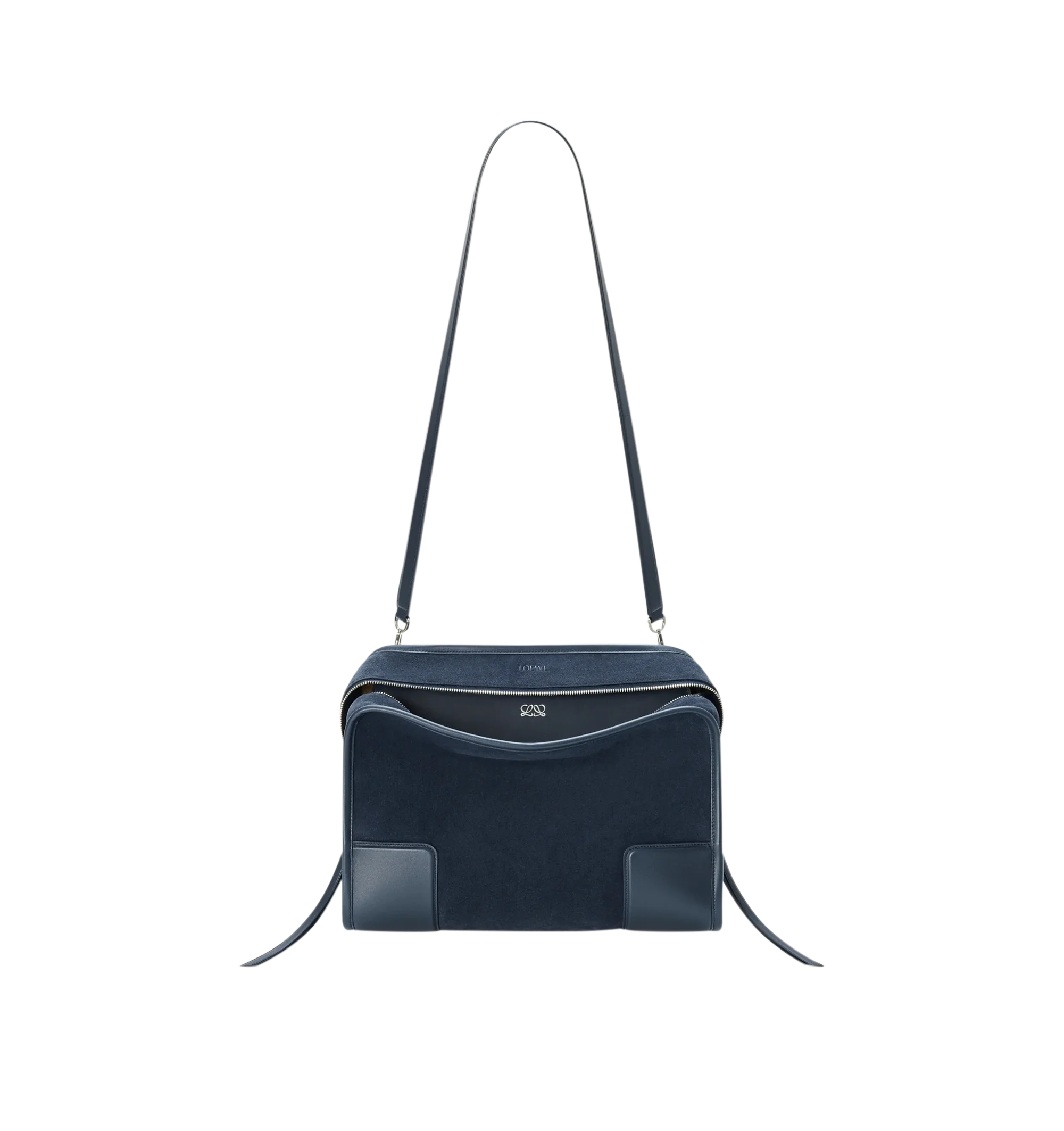 Image 10 of 16 - NAVY - Loewe Large Amazona 180 Bag in suede featuring a relaxed silhouette anchored by a single toron top handle, designed to be carried open while a concealed closure secures the main compartment, removable shoulder and crossbody straps, zip closure with two leather zip pullers, two compartments, main compartment closed with magnetic closure, internal flat pocket, left side d-ring for customization, suede and nappa lambskin lining, embossed LOEWE and embossed double L branding. Suede/calf.
