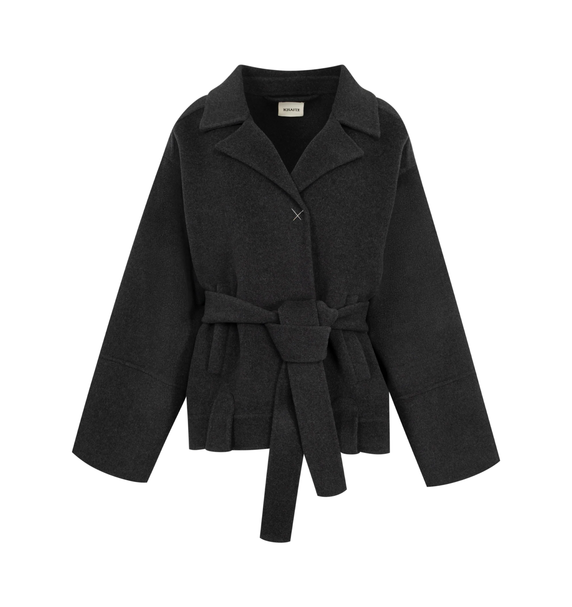 Image 1 of 2 - BLACK - Khaite Womens Belted Coat is crafted from wool. Features a relaxed silhouette, detachable self-tie belt, side welt pockets, and a clean tailored finish. Main Material: 100% Wool. Made in Italy.