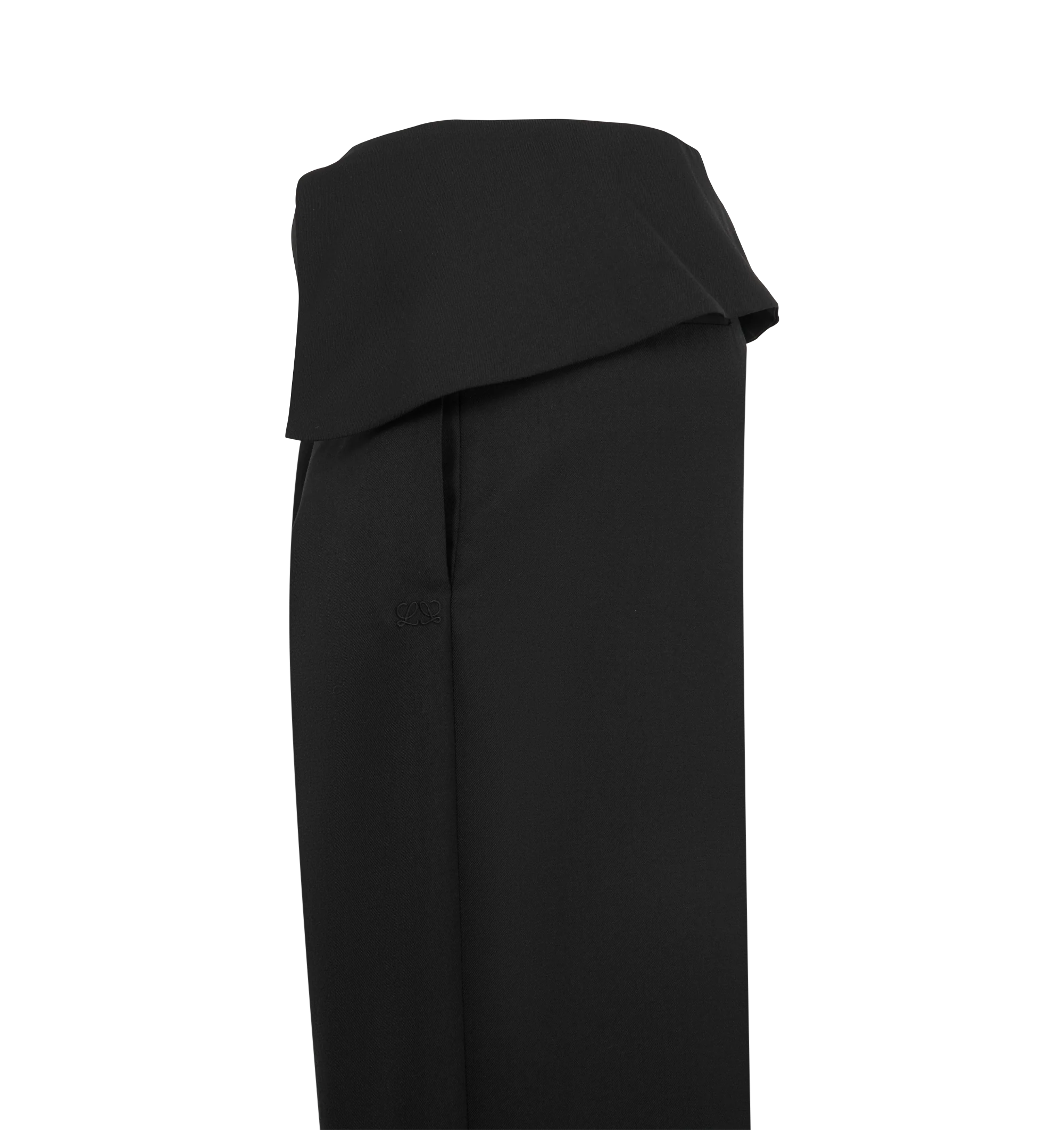 Image 3 of 3 - BLACK - Loewe Women's Draped Trousers are crafted from lightweight fluid wool and feature an asymmetric draped front with a flap at the waist. Designed with a relaxed fit, regular length, mid waist, and wide-leg silhouette, they are finished with a concealed hook-and-button fastening, side seam pockets, rear welt pockets, and signature Double L embroidery at the front. Main Material: 100% Wool. Made in Italy. 