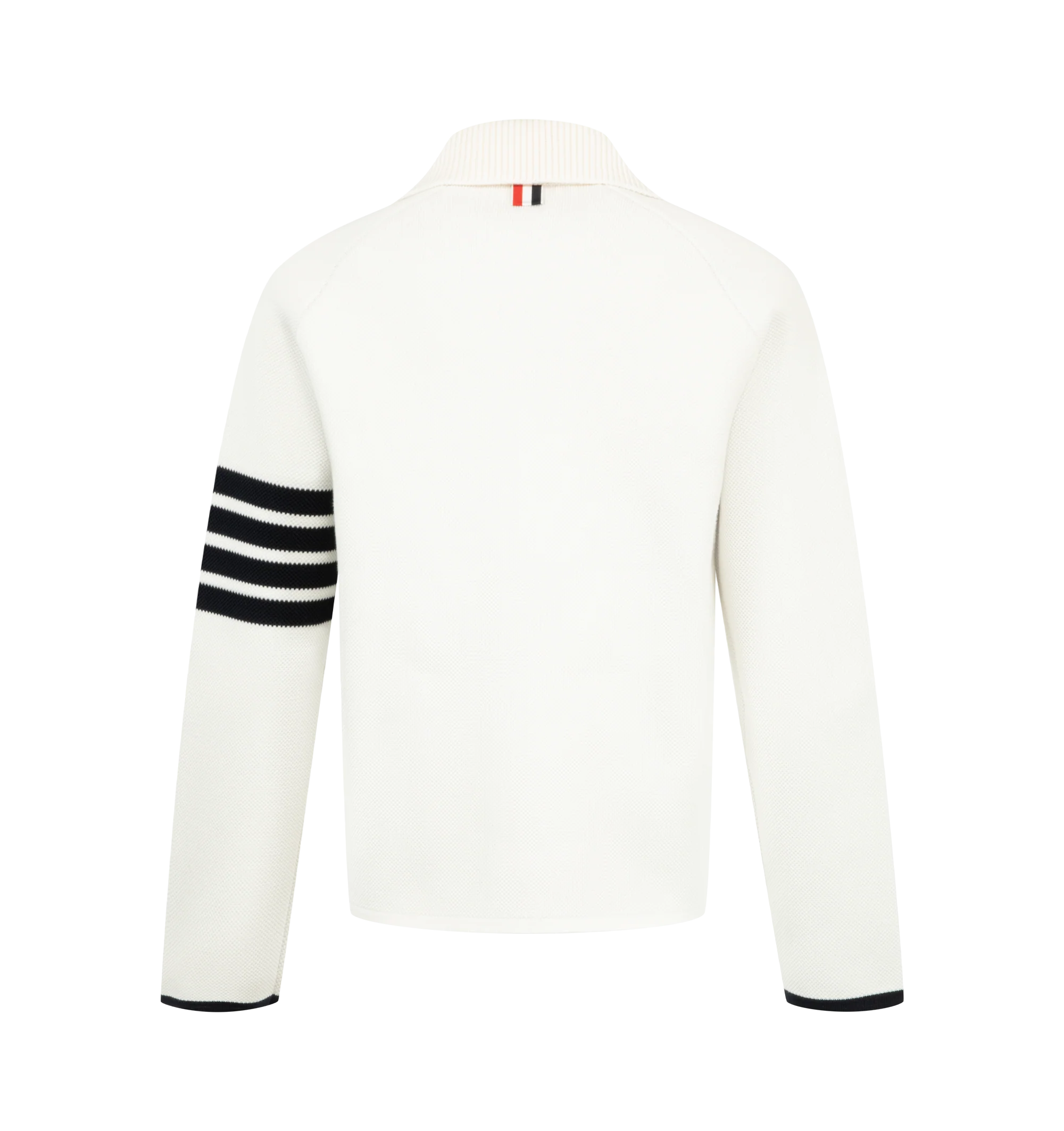 Image 2 of 3 - WHITE - Thom Browne Womens Double-Face Piqu Stitch Polo Collar Jacket is crafted from a virgin wool and cotton blend double-face piqu knit and features a rib-knit polo collar, front button closure, raglan sleeves, rib-knit patch pockets with contrast tipping, rib-knit cuffs and hem, signature 4-bar detailing, internal RWB grosgrain trim, and the signature striped grosgrain loop tab. Main Material: 50% Virgin Wool, 47% Cotton, 3% Polyamide. Made in Italy.