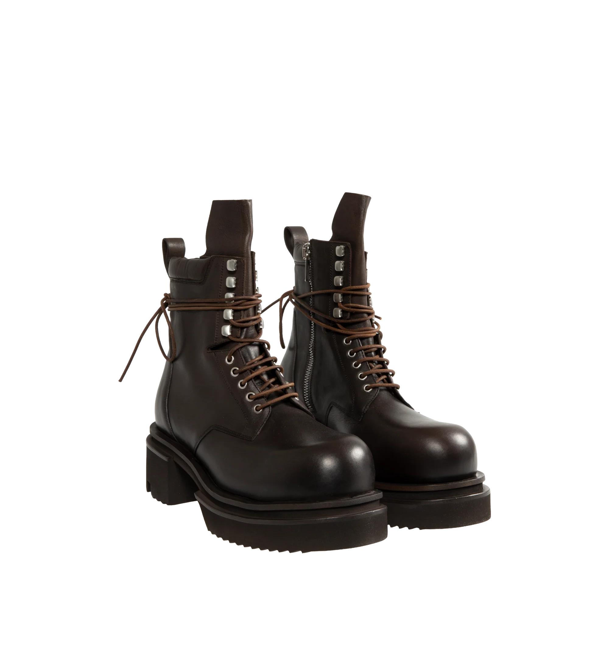 Image 2 of 4 - BROWN - Rick Owens Men's Laceup Bogun Boots are crafted from washed calf leather and feature a mid-calf silhouette with long wraparound laces, a rounded toe, and the brand's signature Bogun rubber mega creeper sole. Designed with eyelets and hooks, angled topstitched panels, an inner-leg zip closure, a back pull tab, and a toothed square heel for a bold, architectural look. Main Material: 100% Calf Leather. Lining: 100% Calf Leather. Insole: 100% Calf Leather. Intersole: 100% Cow Leather. Sol 