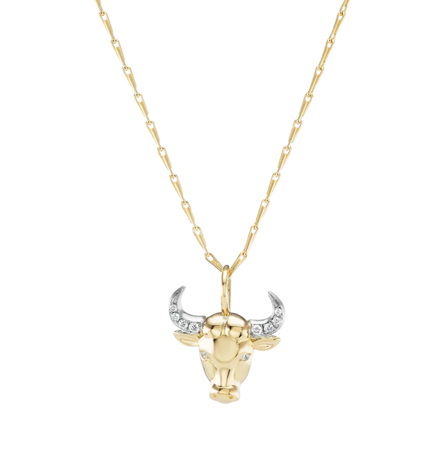 Image 1 of 1 - GOLD - BRENT NEALE Small Aquarius Pendant Necklace featuring 18K yellow gold zodiac charm. Chain: 16" Wheat Chain.