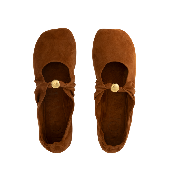 Image 4 of 4 - NEUTRAL - Loewe Women's Pebble soft ballerina in suede goatskin with a padded leather insole and flexible upper engineered for extra comfort, featuring a metallic pebble with an Anagram engraved detail and a signature petal toe shape. Anagram embossed rubber outsole. Made in Italy. 