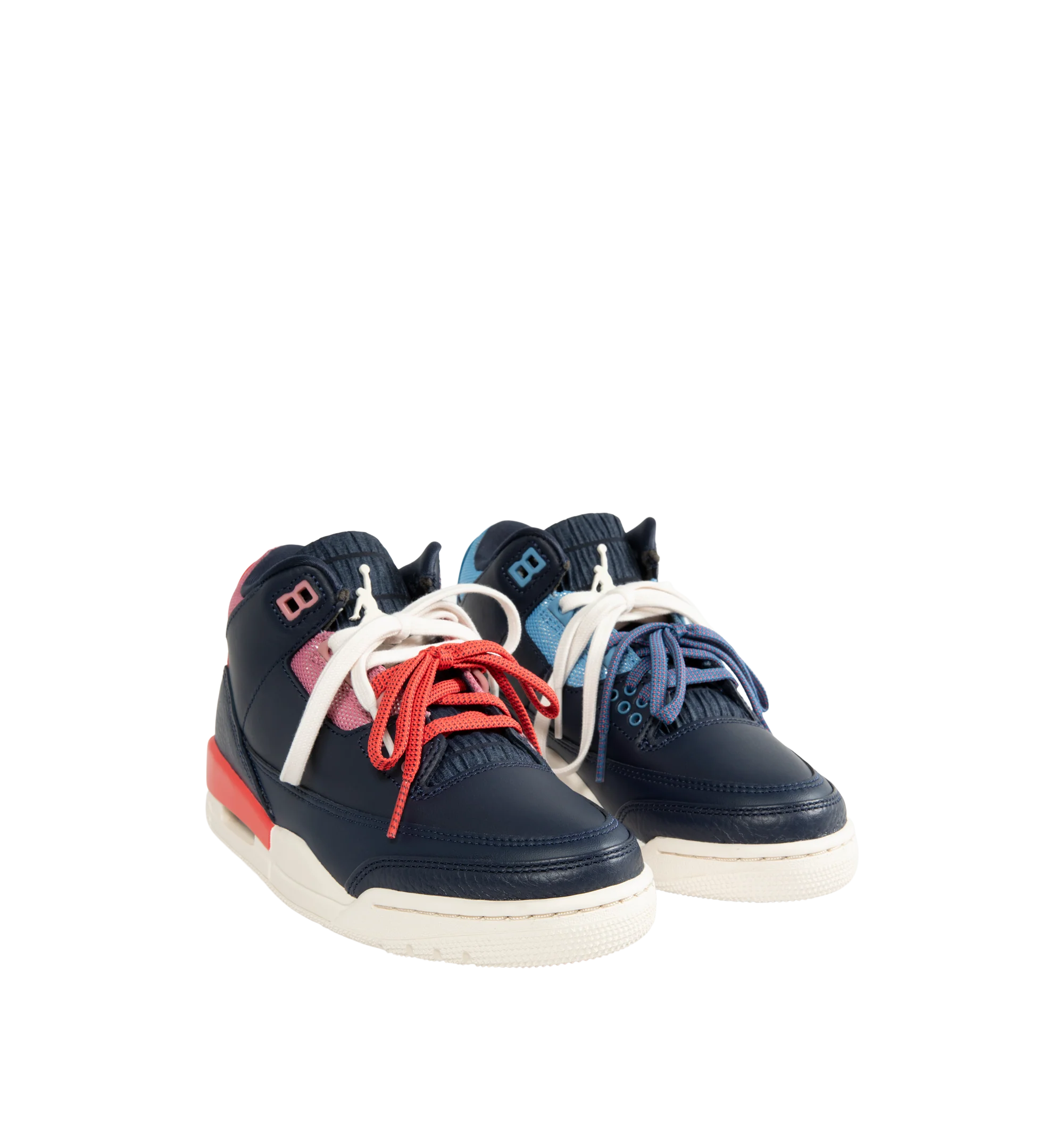 Image 2 of 5 - NAVY - Jordan Women's Air Jordan 3 Retro "Sport Renaissance" Sneakers feature an Obsidian, Track Red, and Chalk upper crafted from leather and synthetic leather. The classic silhouette is finished with a foam midsole, visible Max Air cushioning, and a rubber outsole. Upper: Leather and Synthetic Leather. Midsole: Foam. Sole: Rubber.