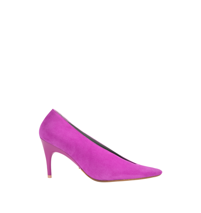Image 1 of 4 - PURPLE - BALENCIAGA Duchesse Pump 90mm featuring suede goatskin, asymmetrical pointed toe, deep v neck vamp, 90mm arch, Balenciaga Paris logo on the insole, small gold perforations on the edges of the insole, two golden studs on the outsole, semi-glossy tone-on-tone heel and beige suede-like sole. Upper: goatskin. Sole: calfskin. Insole: sheepskin. Made in Italy.