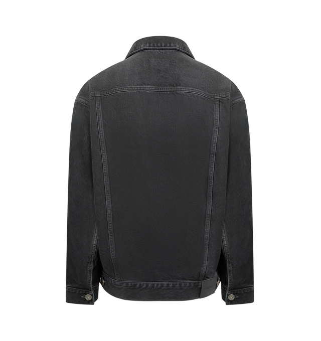 Image 2 of 3 - BLACK - SAINT LAURENT Oversized Jean Jacket featuring long egg-shaped denim jacket, a button closure, adjustable button tabs at the back waist, two welt pockets at the front, two reverse patch pockets with button flap at the chest, pointed collar, one-button cuffs and saint laurent paris embossed leather jacron. 100% cotton. Made in Italy.
