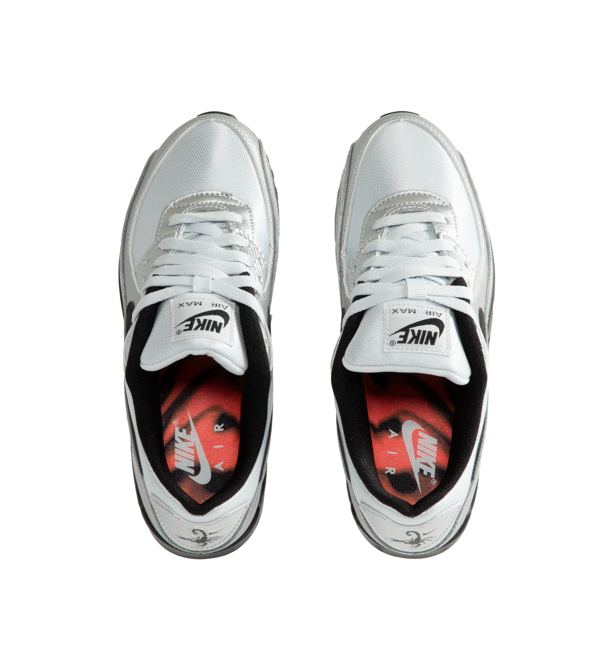 Image 5 of 5 - SILVER - Nike Air Max 90 Premium "Scorpion" Sneakers feature a genuine and synthetic leather upper with layered synthetic overlays, signature Scorpion graphics, and a classic low-top silhouette. Inspired by Nike's Scorpion Pack, these lifestyle sneakers combine visible Max Air cushioning with a durable rubber Waffle outsole for lightweight comfort, reliable traction, and iconic '90s style. Main Material: Genuine Leather, Synthetic Leather, and Synthetic. Midsole: Foam with Visible Max Air U