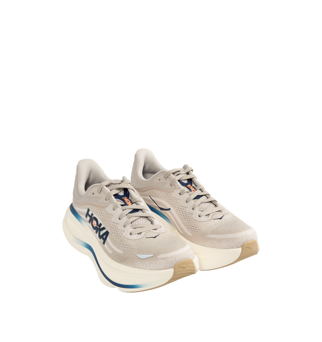 Image 2 of 5 - NEUTRAL - HOKA M Bondi 9 Sneaker featuring engineered mesh upper with rubber sole, lace-up front, foamed EVA midsole and increased stack height for maximum cushioning, zonal breathability, reflective detailing and cushioned tongue and collar.