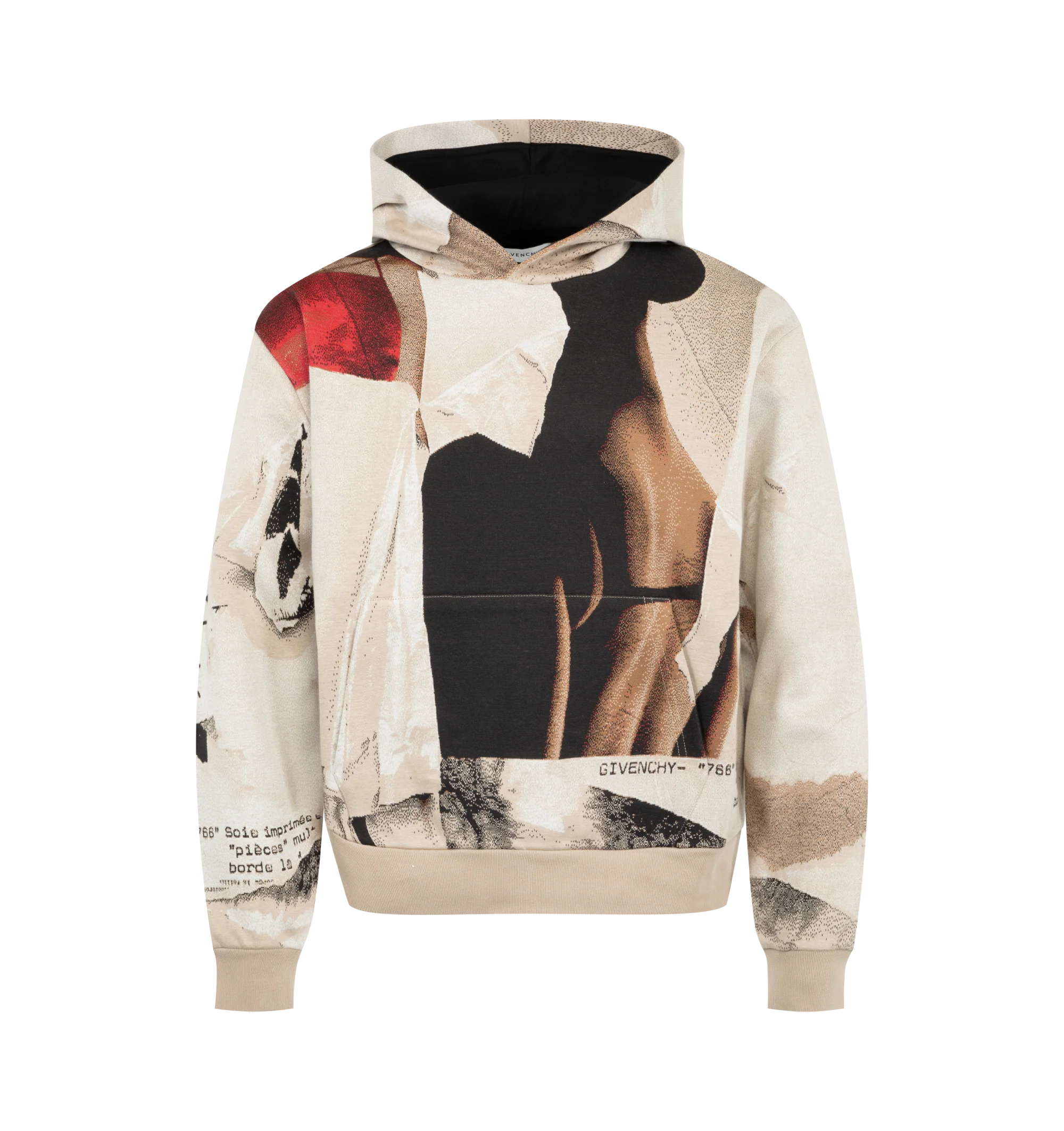 Image 1 of 2 - MULTI - Givenchy Men's Couture Seam Hoodie with Ripped Papers Jacquard is crafted from a textured cotton-blend jacquard and features the house's signature Couture Seam construction, creating a sculptural, rounded silhouette. Designed with a Ripped Papers jacquard motif, Givenchy Paris logo print at the front, drawstring hood, kangaroo pocket, and ribbed cuffs and hem, the hoodie reflects Givenchy's fusion of couture-inspired design and contemporary sportswear. Main Material: 71% Cotton, 13% P