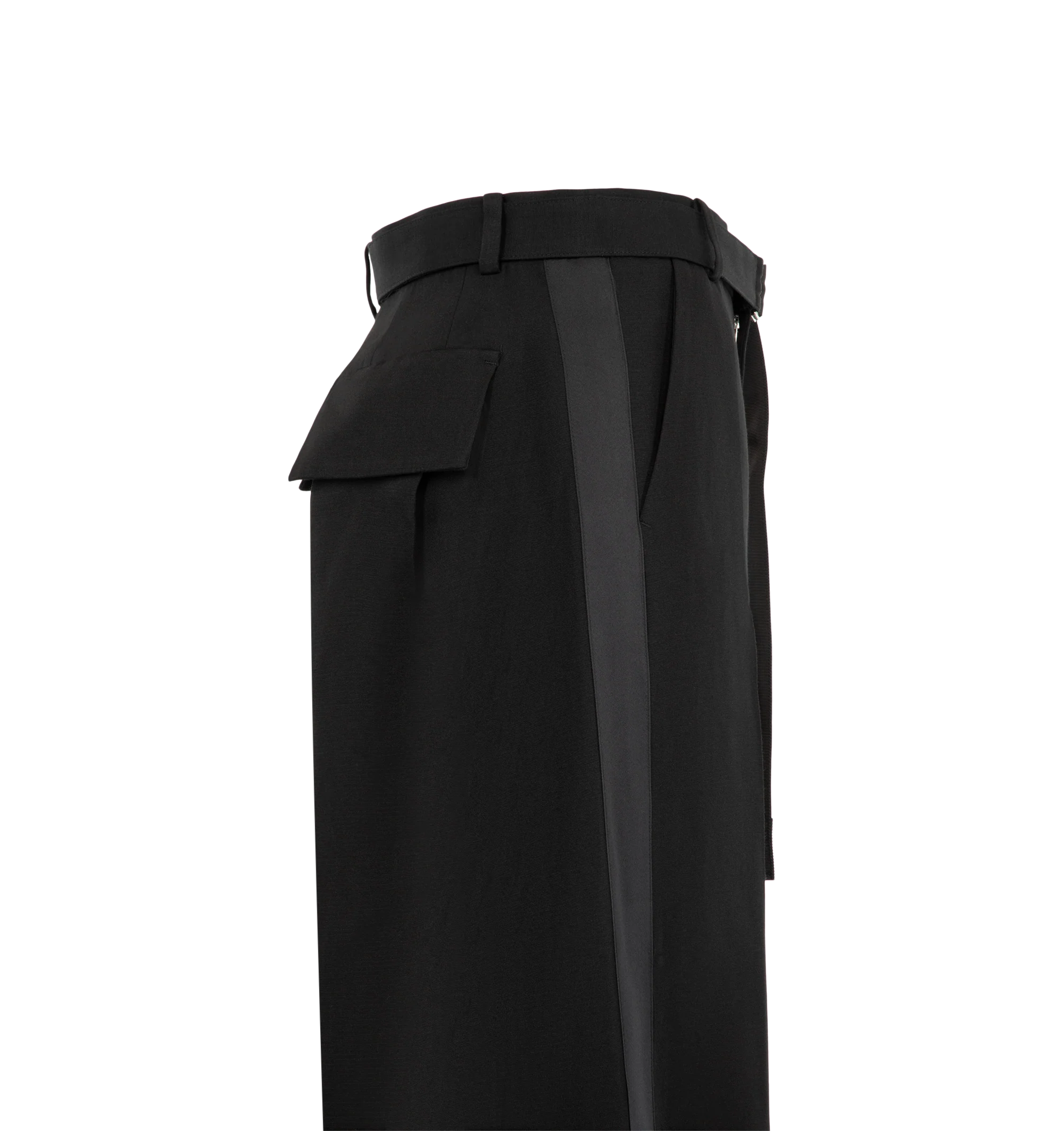 Image 3 of 3 - BLACK - Sacai Women's Double-Faced Silk Cotton Trousers feature a belt loop, a wide-leg silhouette, and a sleek integrated belt detail. Materials: 54% Silk, 45% Cotton; Liner 100% Cupro.
