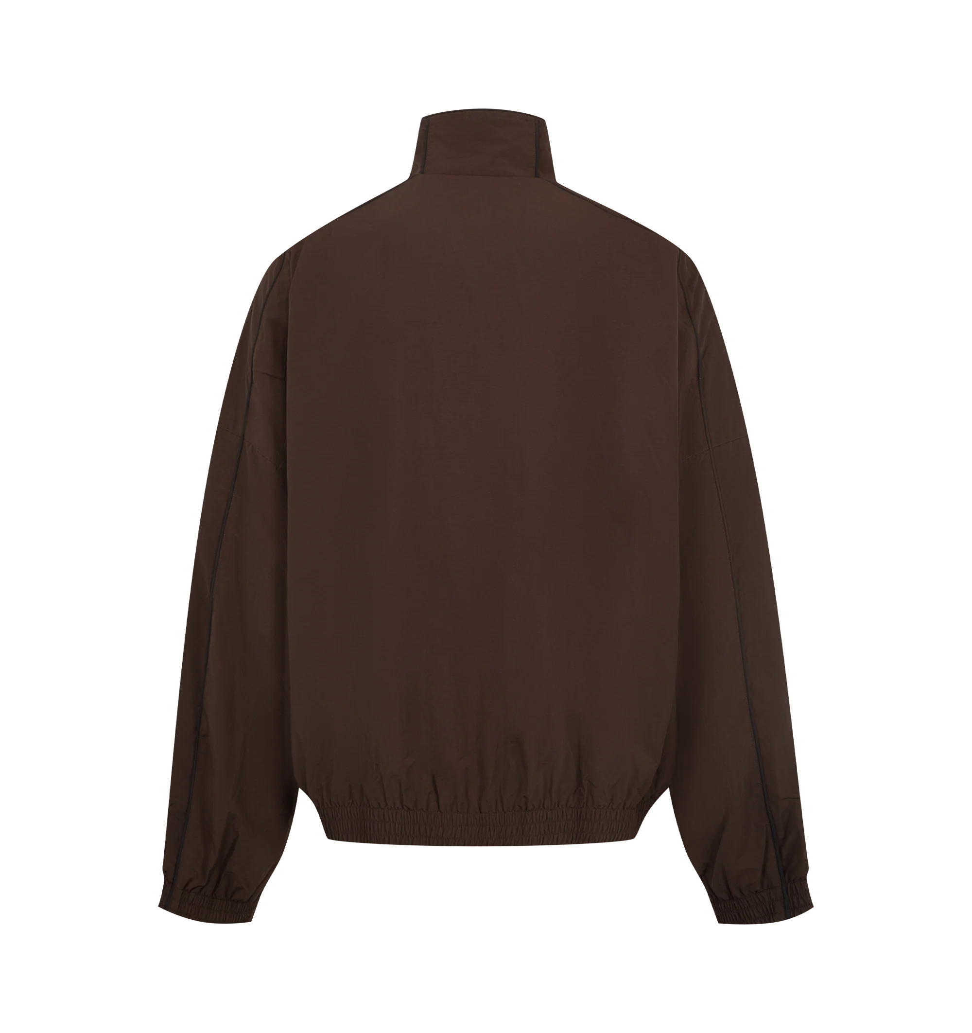Image 2 of 3 - BROWN - Willy Chavarria Bad Boy Track Jacket is crafted from nylon and features a sleek, true-to-size silhouette defined by bold chevron paneling and contrast piping. Designed with a stand collar, front zip closure, two zippered pockets, stacked script logo detailing, and elasticized cuffs and hem. Main Material: 100% Nylon. Lining: Polyester.