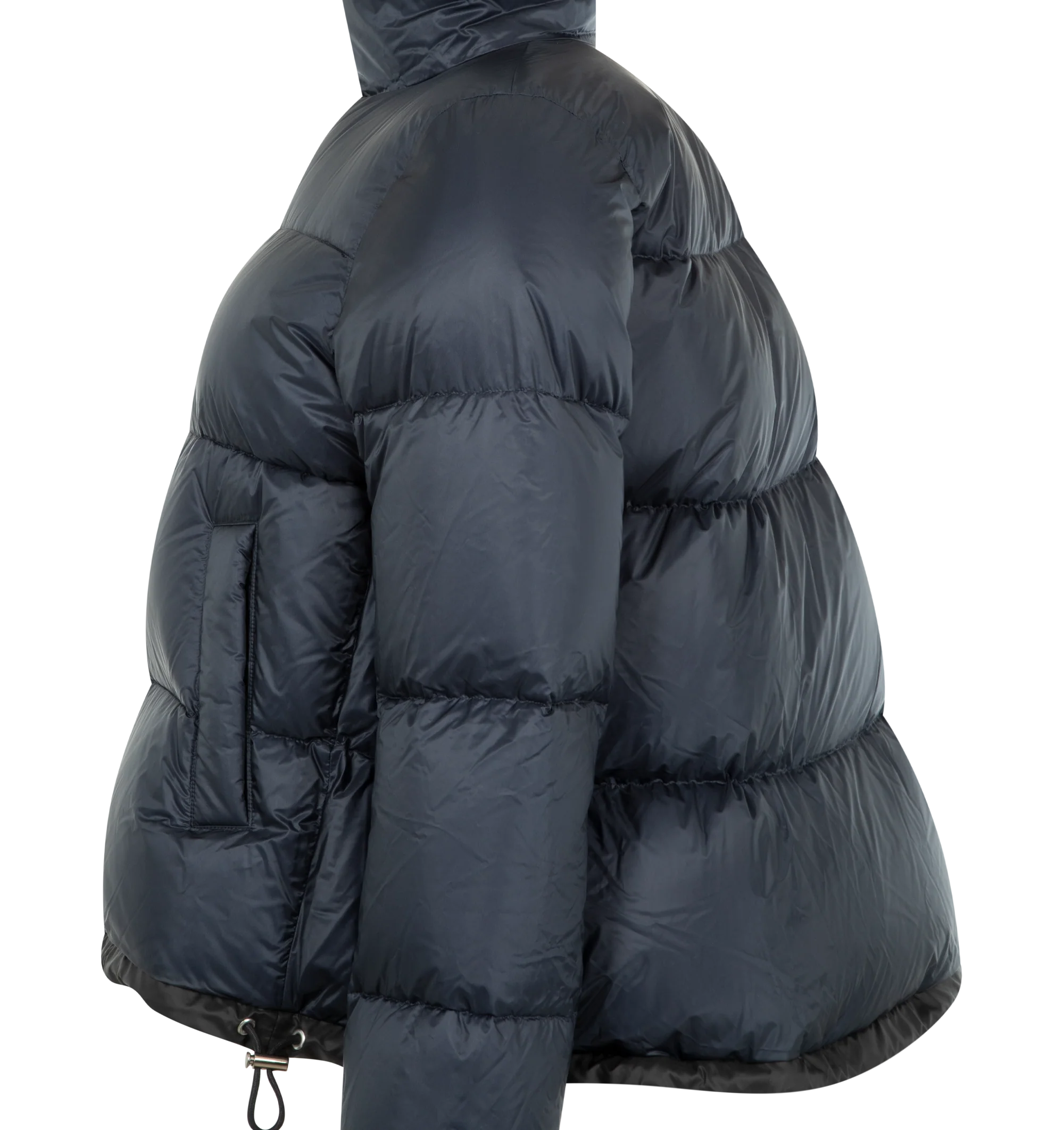 Image 3 of 3 - NAVY - SACAI Short Puffer Jacket featuring quilted nylon, stand collar, zip front closure, welt pockets and drawstring waist and hem. Nylon; polyester combo. Fill, down/feather.