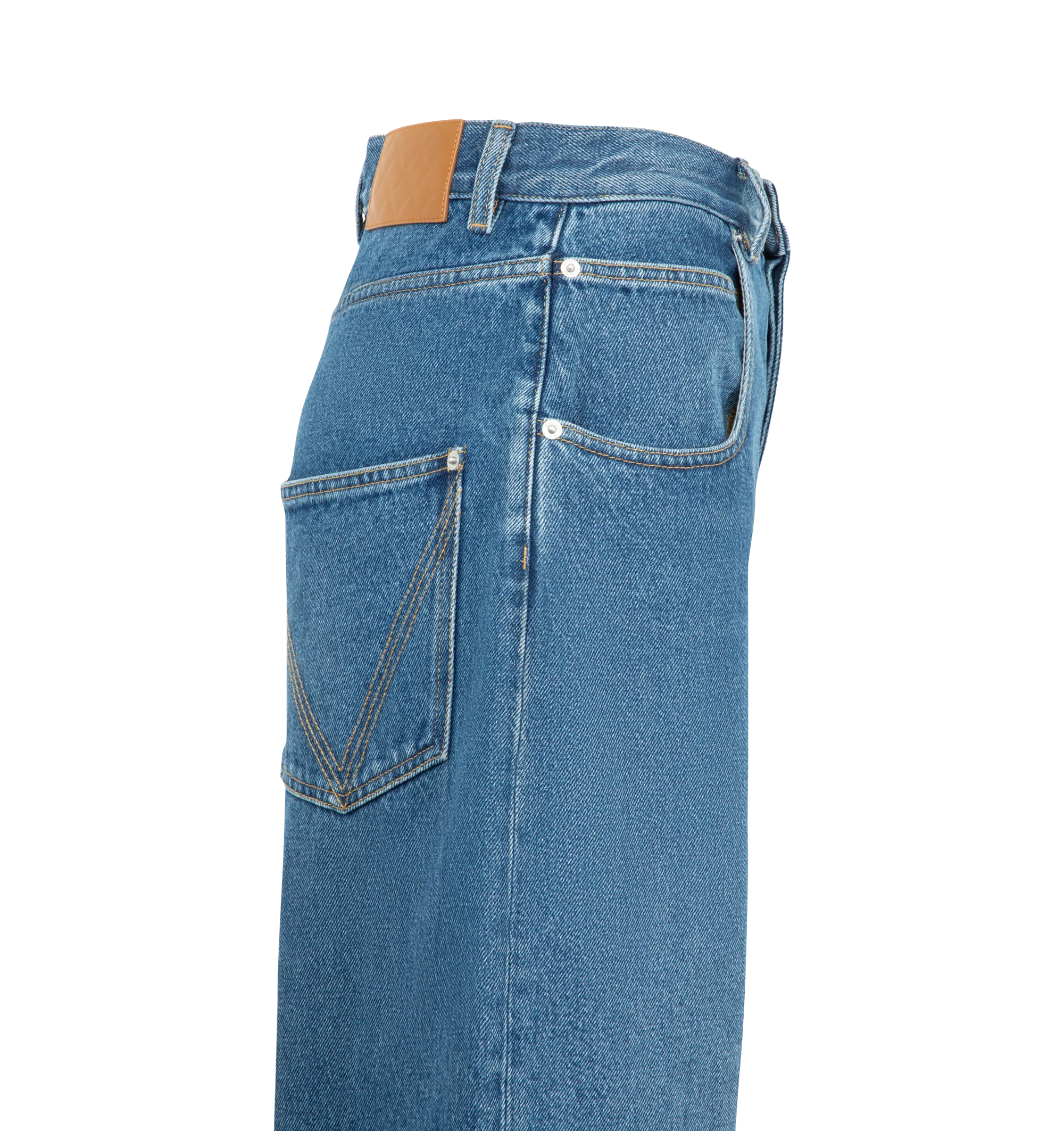 Image 3 of 3 - BLUE - Bottega Veneta Women's Medium Indigo Wide Leg Jeans are crafted from medium indigo washed denim and feature a high-rise waist with a wide-leg silhouette. Main Material: 100% Cotton. Rise: High Waist. Leg: Wide Leg. Closure: Button Closure. Made in Italy.