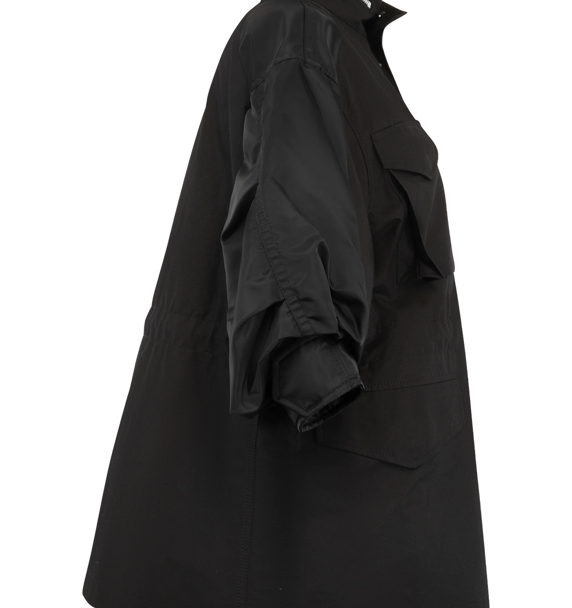 Image 4 of 4 - BLACK - Sacai oversized jacket in cotton weather cloth featuring nylon twill sleeve panels, high stand collar with zipper detail, concealed front closure, flap pockets at the chest and waist, and a sleeve zip pocket. Outer fabric is 100% cotton with 100% nylon sleeves and 100% polyester lining and fill. Made in Japan.