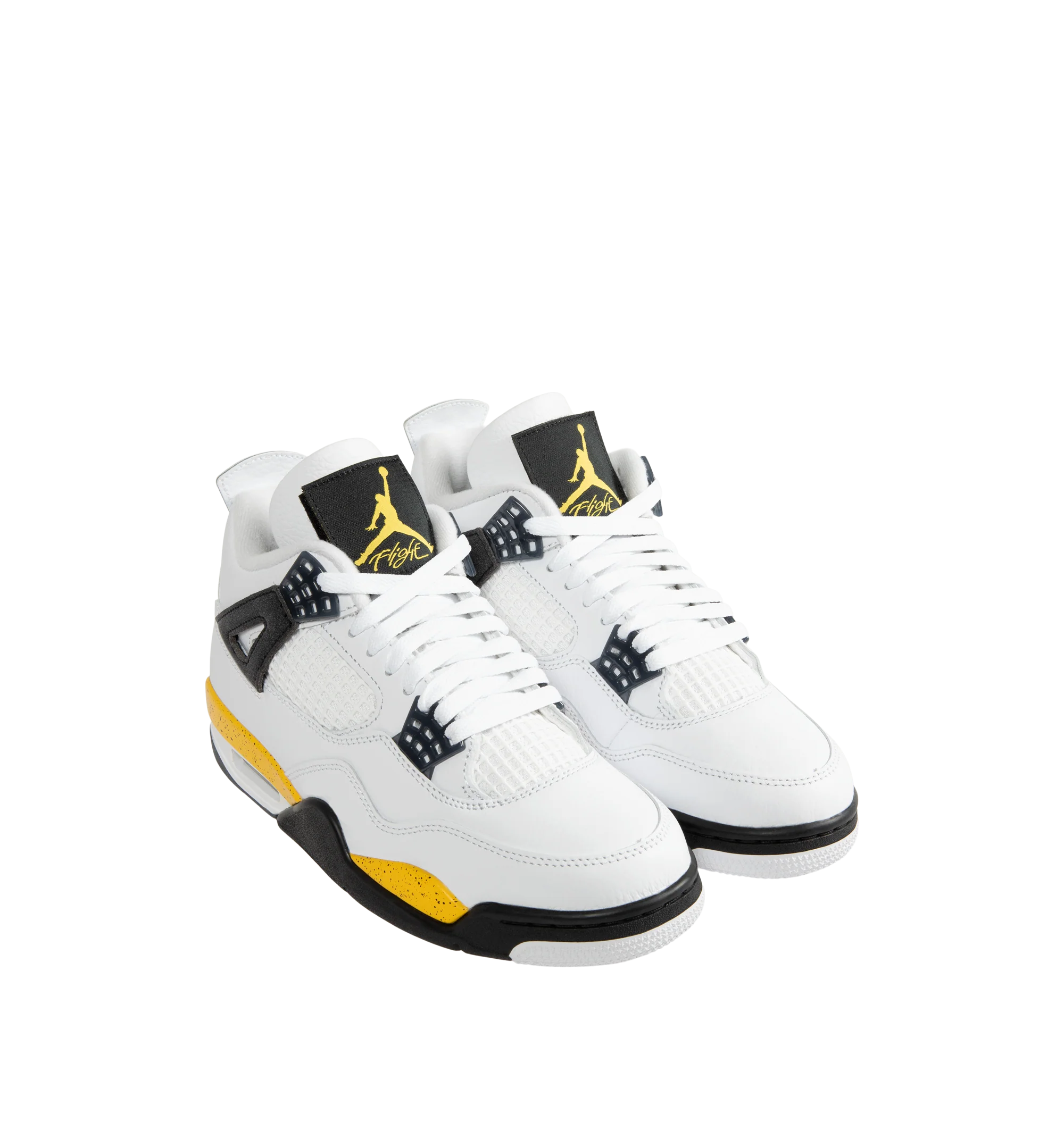 Image 2 of 5 - YELLOW - Air Jordan 4 Retro "Tour Yellow" Sneakers are crafted from premium leather and feature a white upper accented by a speckled Tour Yellow midsole, with Black and Dark Blue Grey details. Designed with the iconic AJ4 basketball silhouette, they are finished with Jumpman heel branding, a foam midsole, Nike Air and Max Air cushioning, and a durable rubber outsole. Main Material: Leather. Sole: Rubber. Cushioning: Nike Air and Max Air. Made for men.