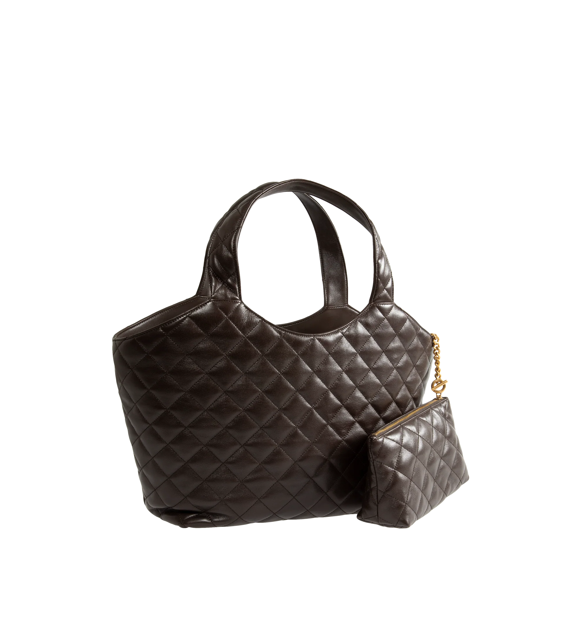Image 2 of 3 - BROWN - Saint Laurent Womens Icare Medium Tote Bag is crafted from quilted nappa leather. Features dual top handles, open-top design, signature CASSANDRE hardware, leather lining, one removable zip pouch, and one interior zip pocket. Dimensions: 46 28 15 cm; Handle Drop: 20 cm. Main Material: Nappa Leather; Lining: Leather; Hardware: Bronze-Tone Metal. Made in Italy.